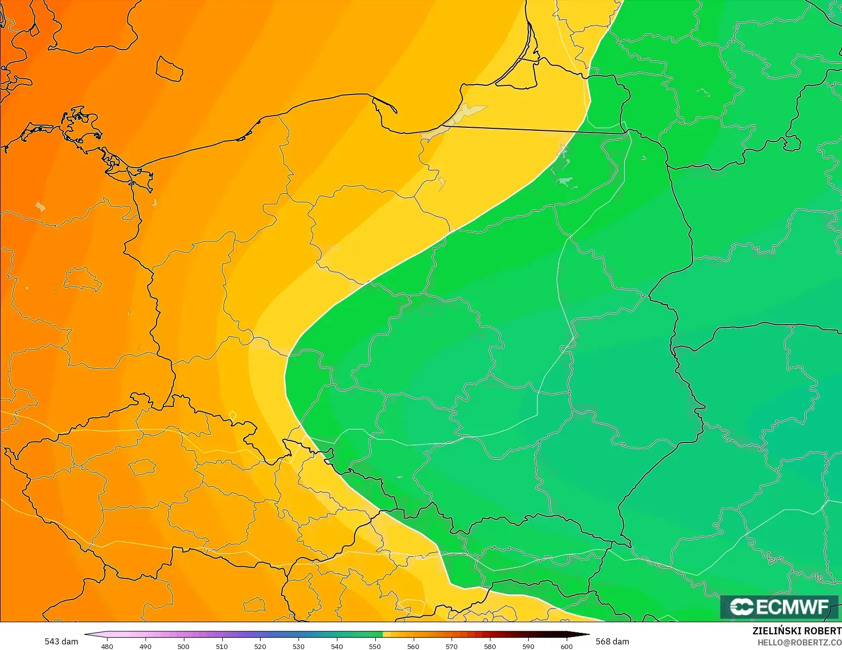 ECMWF IFS 0,25° modelo - Polônia, Altura geopotencial a 500 hPa
