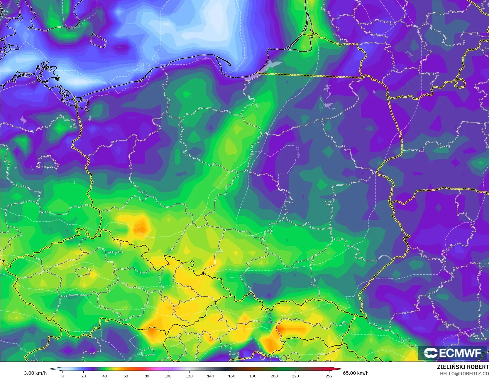 ECMWF IFS 0,25° modelo - Polônia, Rajadas de Vento Máximas
