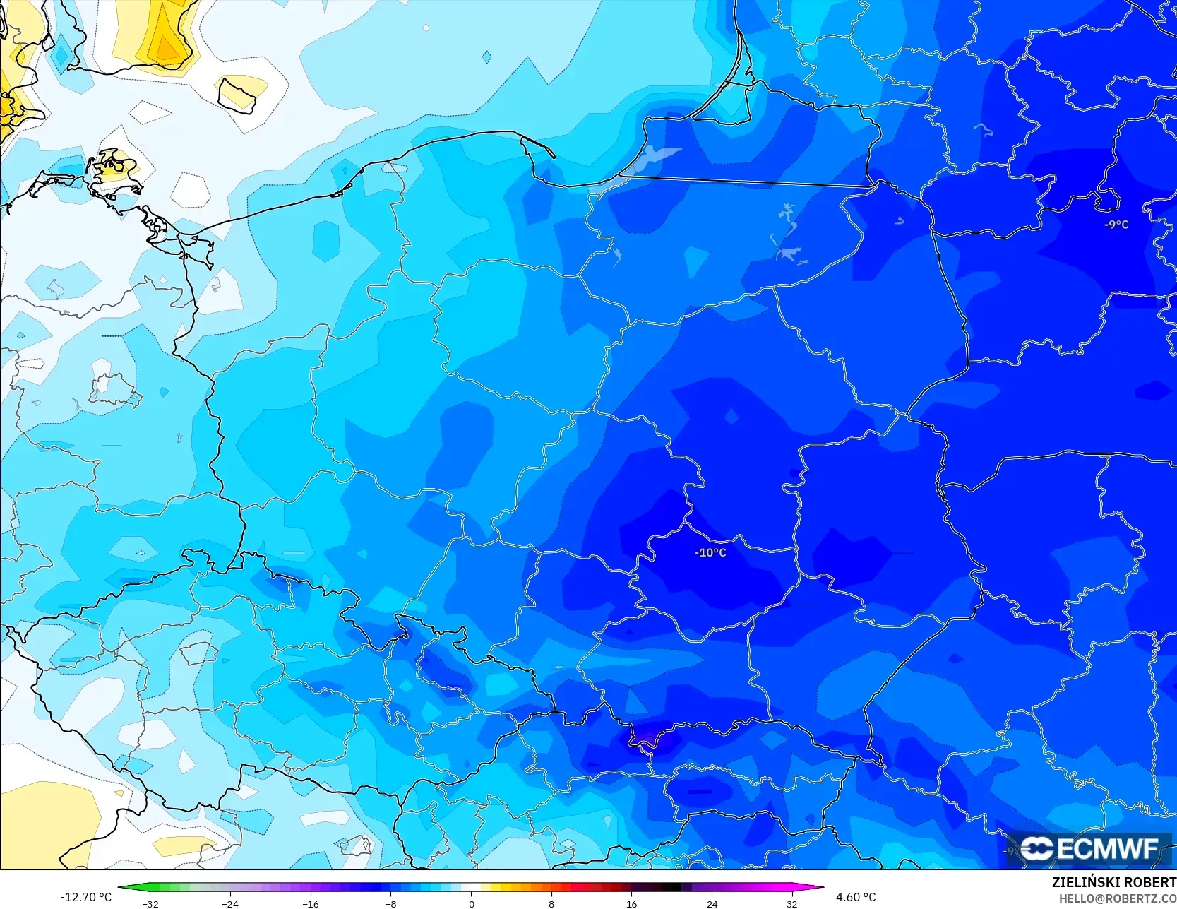ECMWF IFS 0,25° modelo - Polônia, Anomalia de temperatura a 2 m