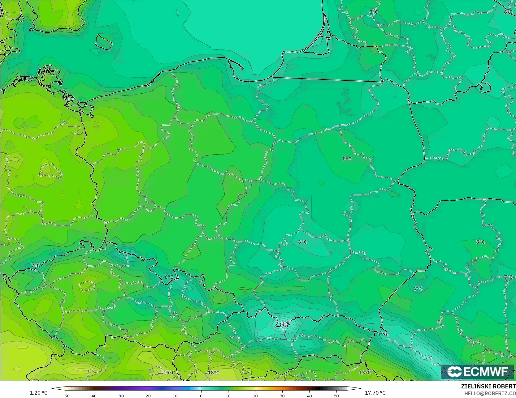 ECMWF IFS 0,25° modelo - Polônia, Temperatura a 2 m