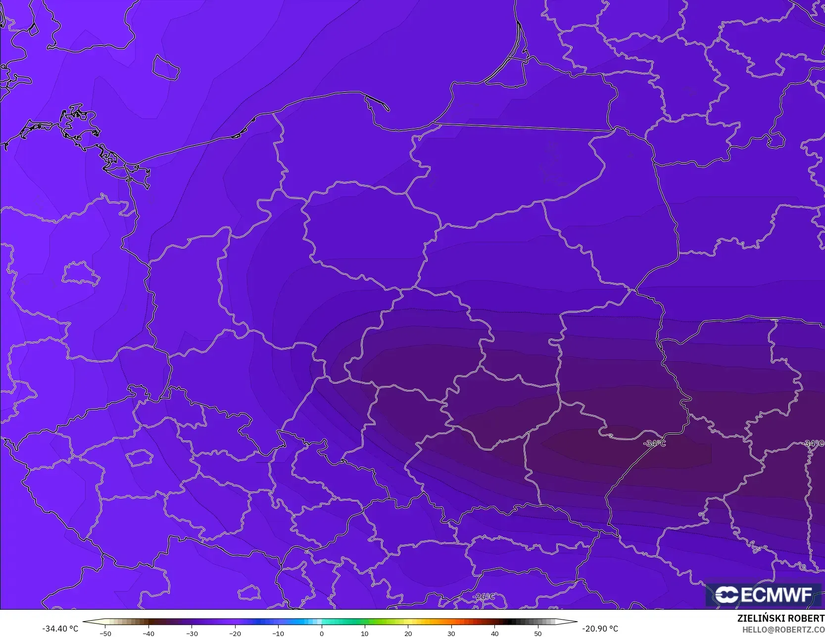 ECMWF IFS 0,25° modelo - Polônia, Temperatura a 500 hPa