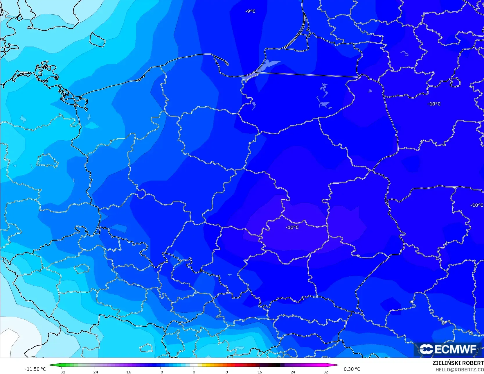 ECMWF IFS 0,25° modelo - Polônia, Anomalia de temperatura a 850 hPa