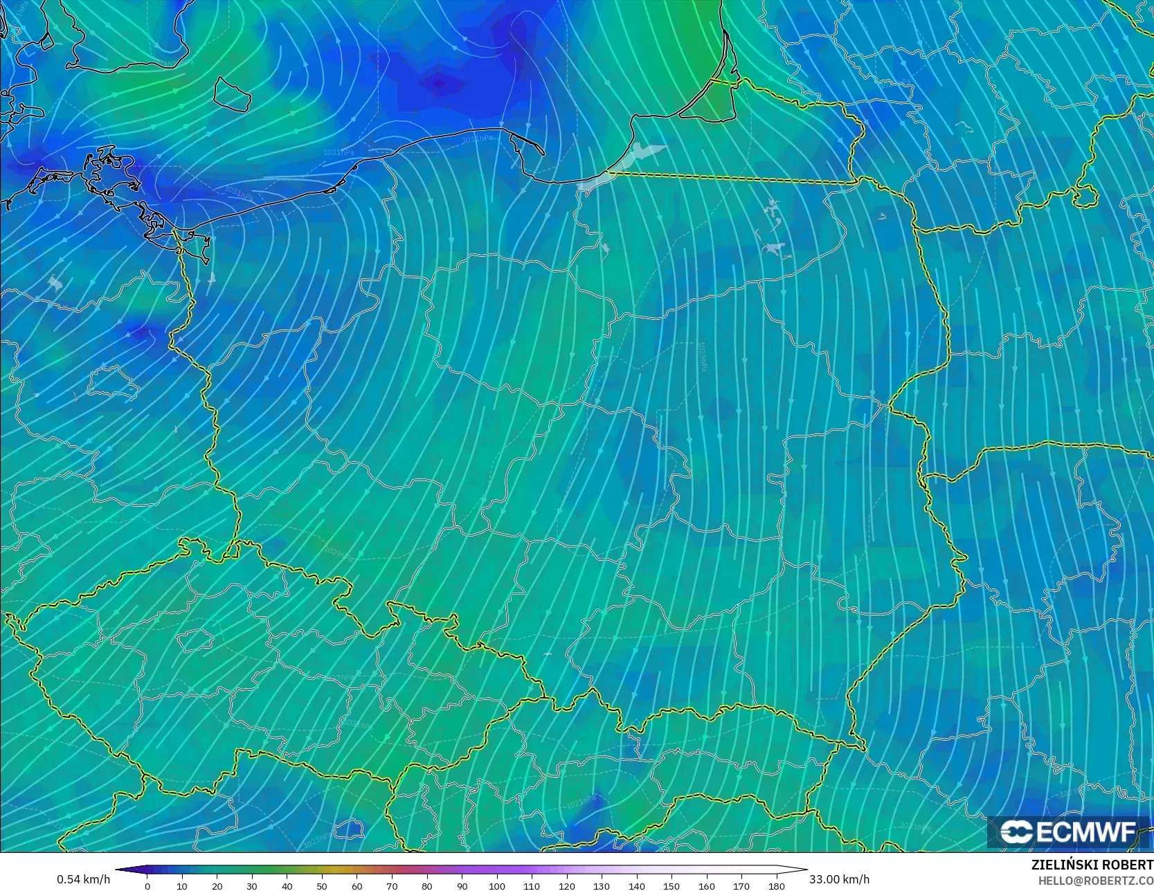 ECMWF IFS 0,25° modelo - Polônia, Vento a 10 m