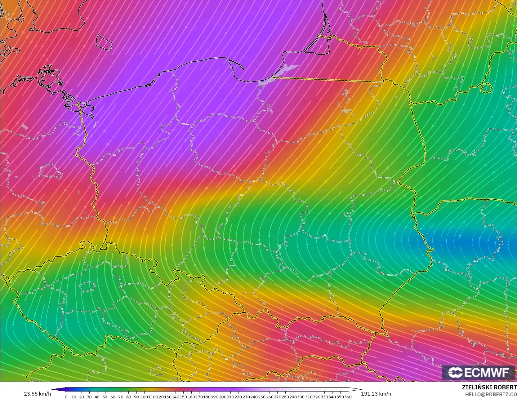 ECMWF IFS 0,25° modelo - Polônia, Vento a 300 hPa (corrente em jato)