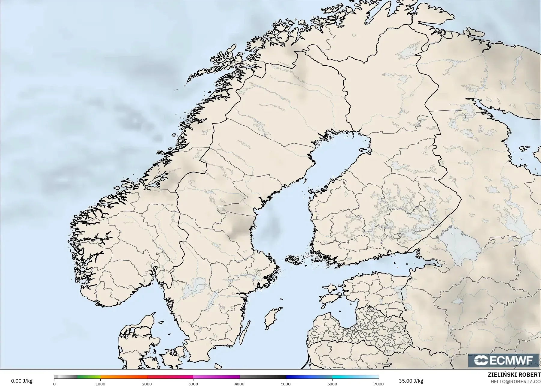 ECMWF IFS 0,25° modelo - Escandinávia, CAPE