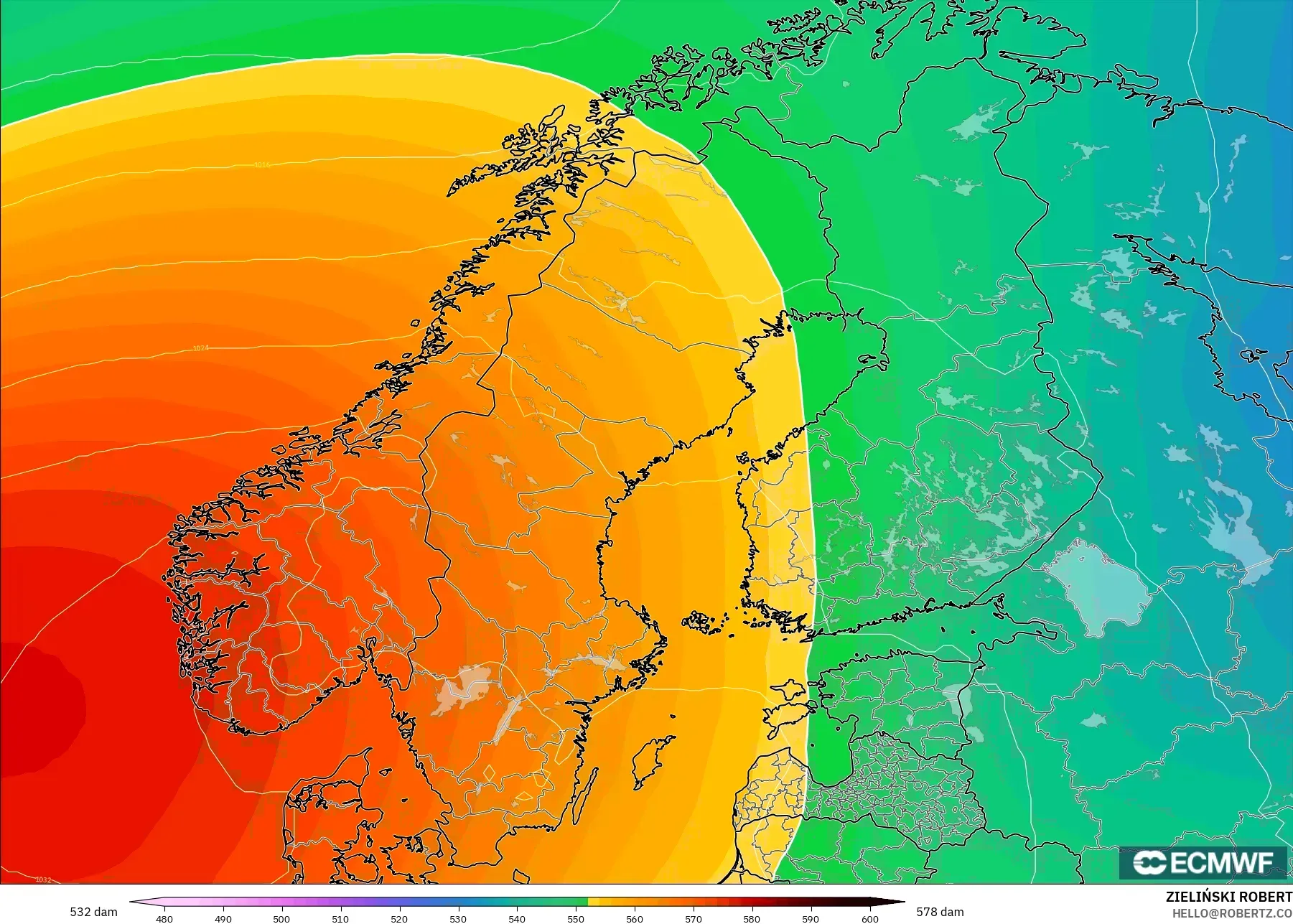 ECMWF IFS 0,25° modelo - Escandinávia, Altura geopotencial a 500 hPa