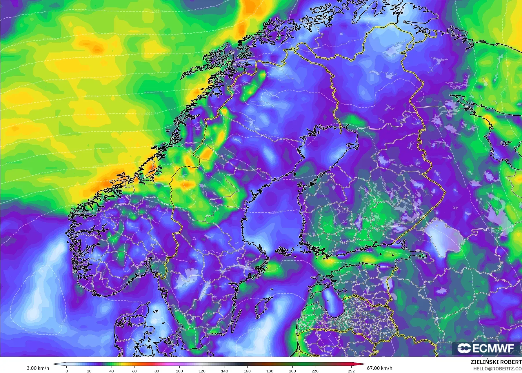 ECMWF IFS 0,25° modelo - Escandinávia, Rajadas de vento