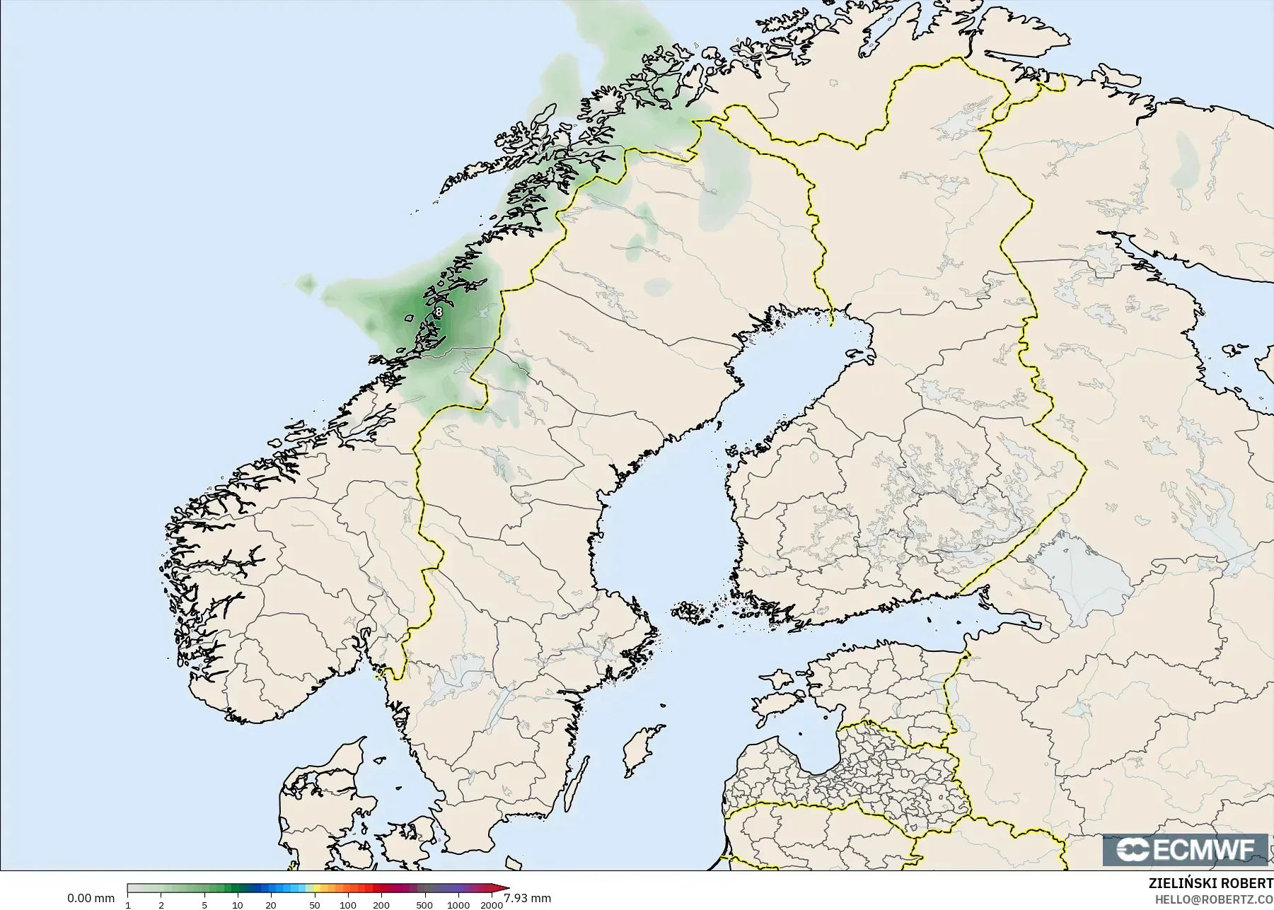 ECMWF IFS 0,25° modelo - Escandinávia, Acúmulo de precipitação