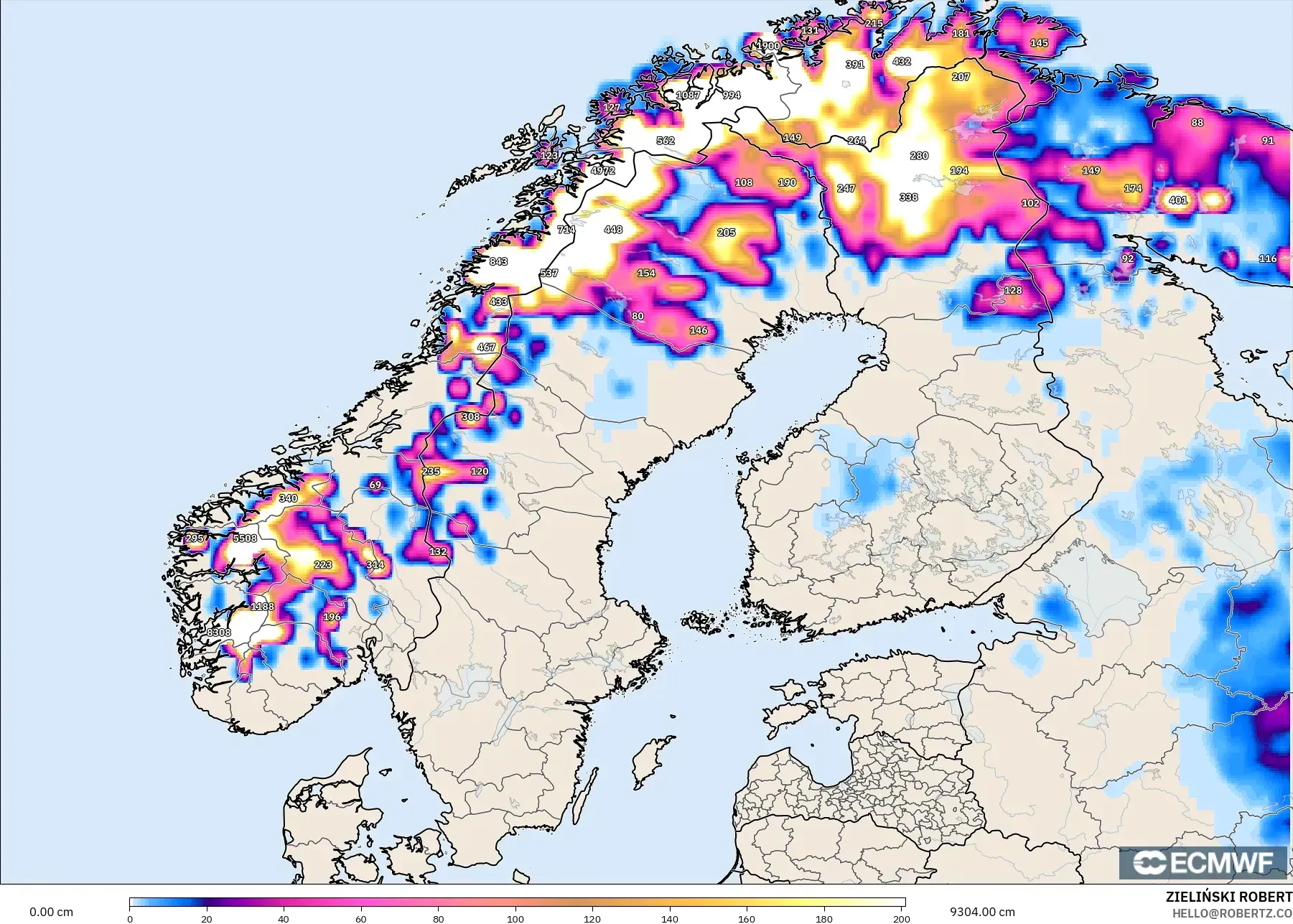 ECMWF IFS 0,25° modelo - Escandinávia, Profundidade da neve