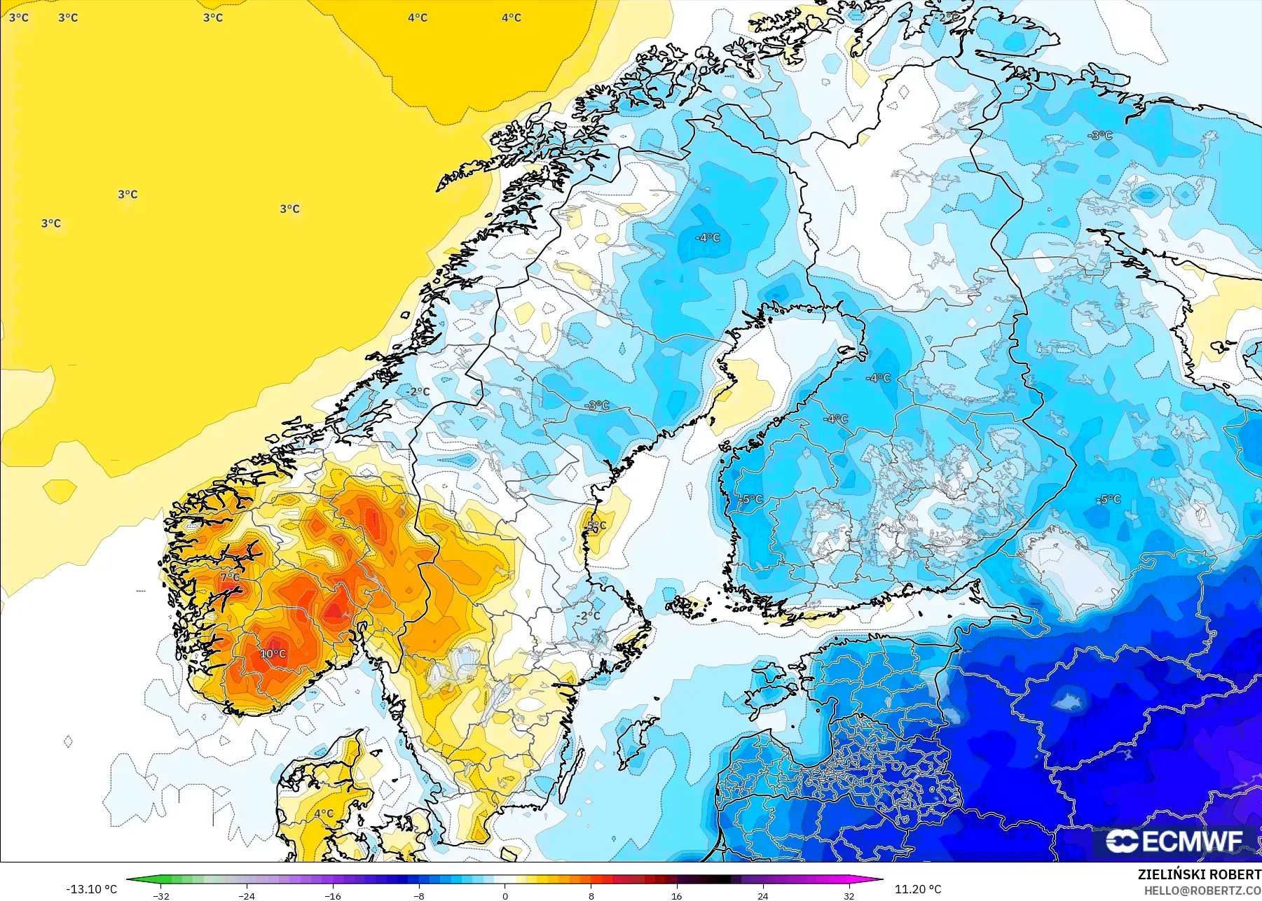 ECMWF IFS 0,25° modelo - Escandinávia, Anomalia de temperatura a 2 m