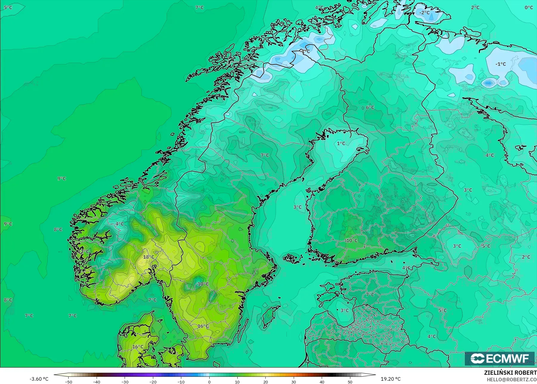 ECMWF IFS 0,25° modelo - Escandinávia, Temperatura a 2 m
