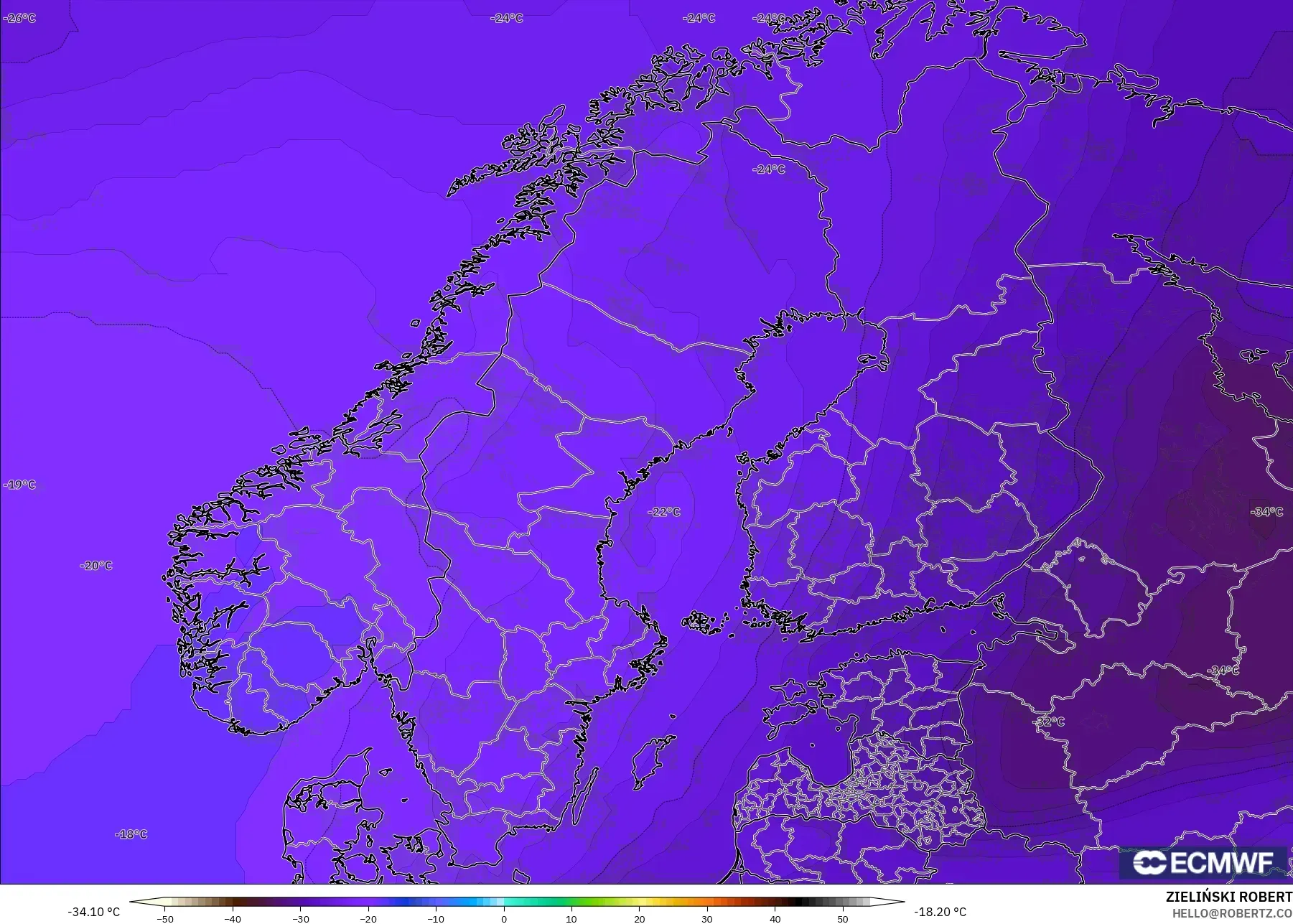ECMWF IFS 0,25° modelo - Escandinávia, Temperatura a 500 hPa