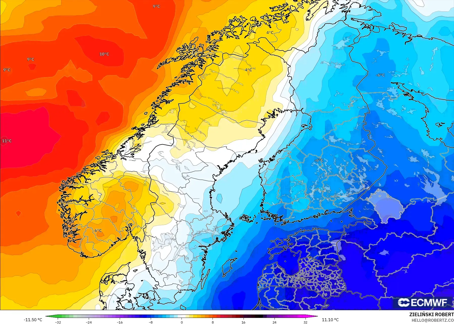 ECMWF IFS 0,25° modelo - Escandinávia, Anomalia de temperatura a 850 hPa