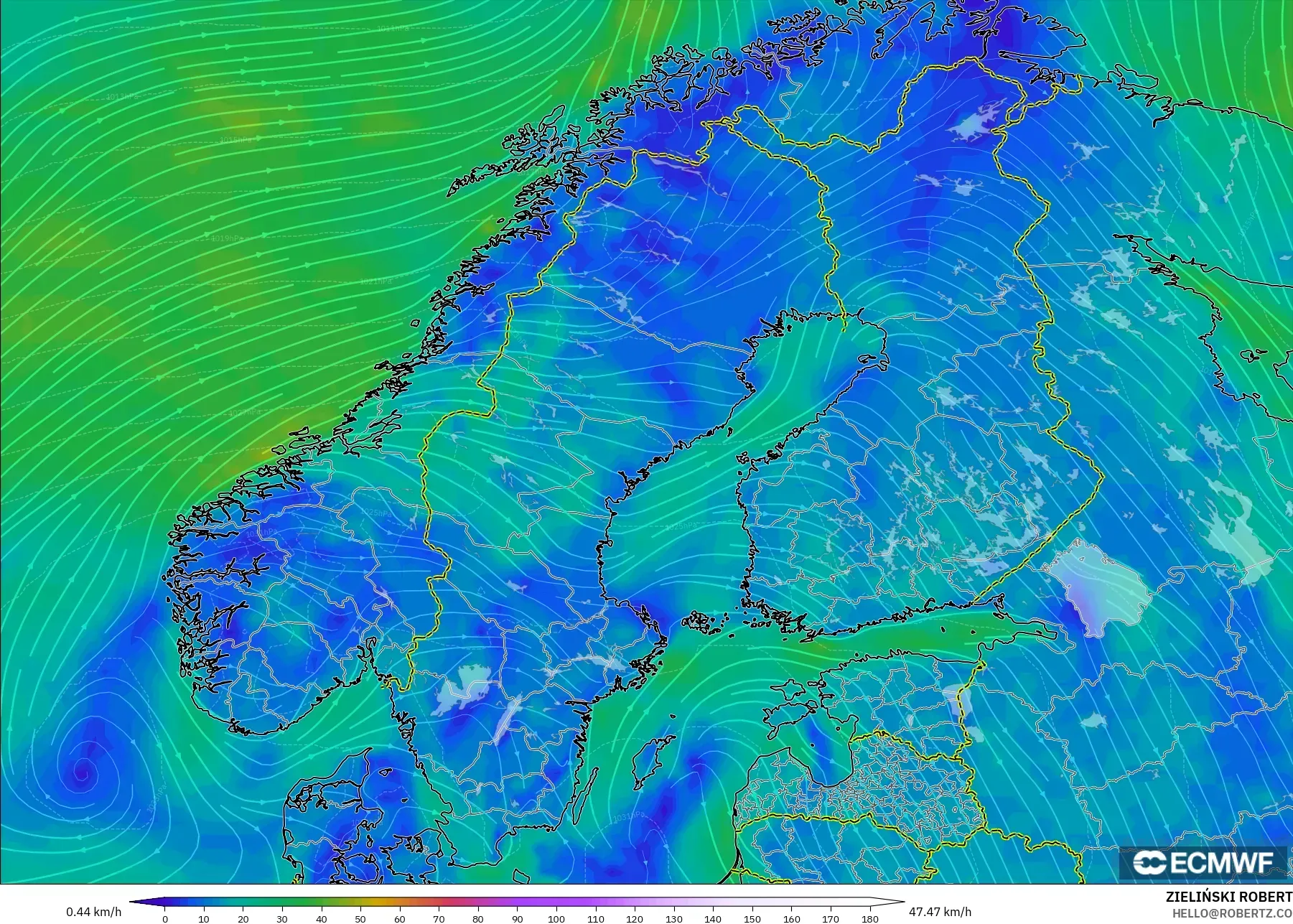 ECMWF IFS 0,25° modelo - Escandinávia, Vento a 10 m