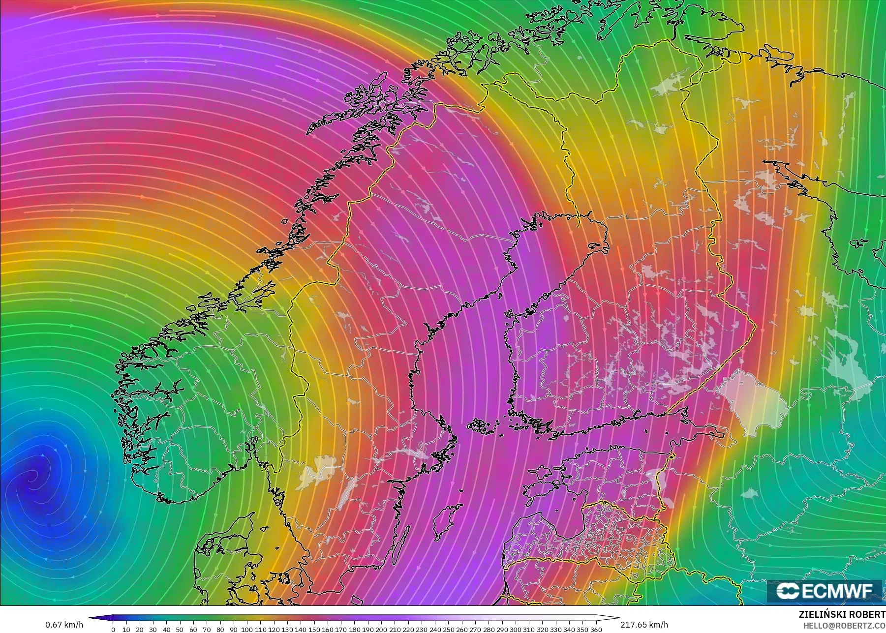 ECMWF IFS 0,25° modelo - Escandinávia, Vento a 300 hPa (corrente em jato)