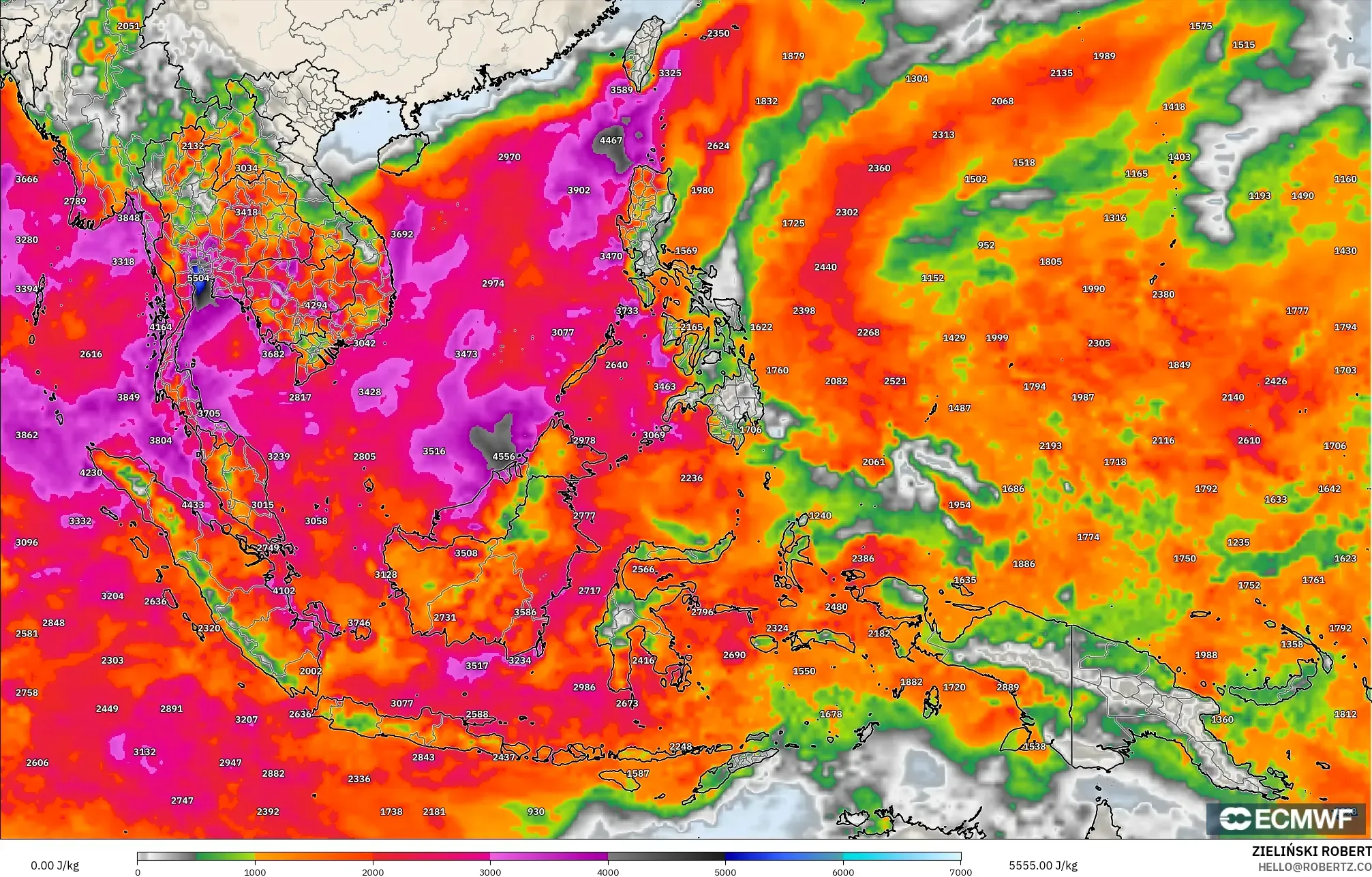 ECMWF IFS 0,25° modelo - Sudeste Asiático, CAPE