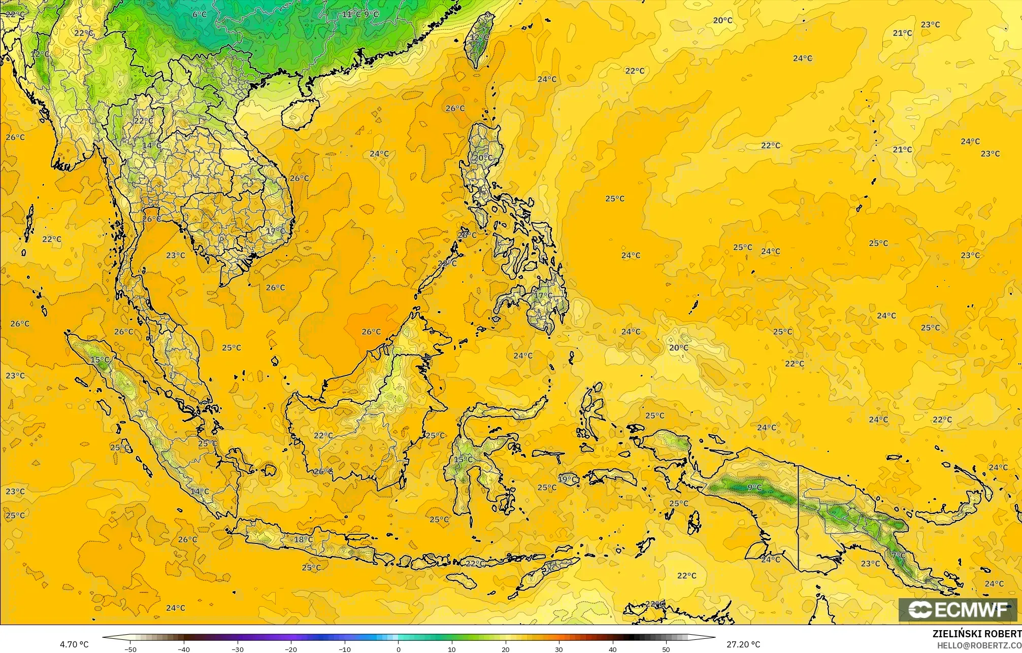 ECMWF IFS 0,25° modelo - Sudeste Asiático, Ponto de orvalho a 2 m