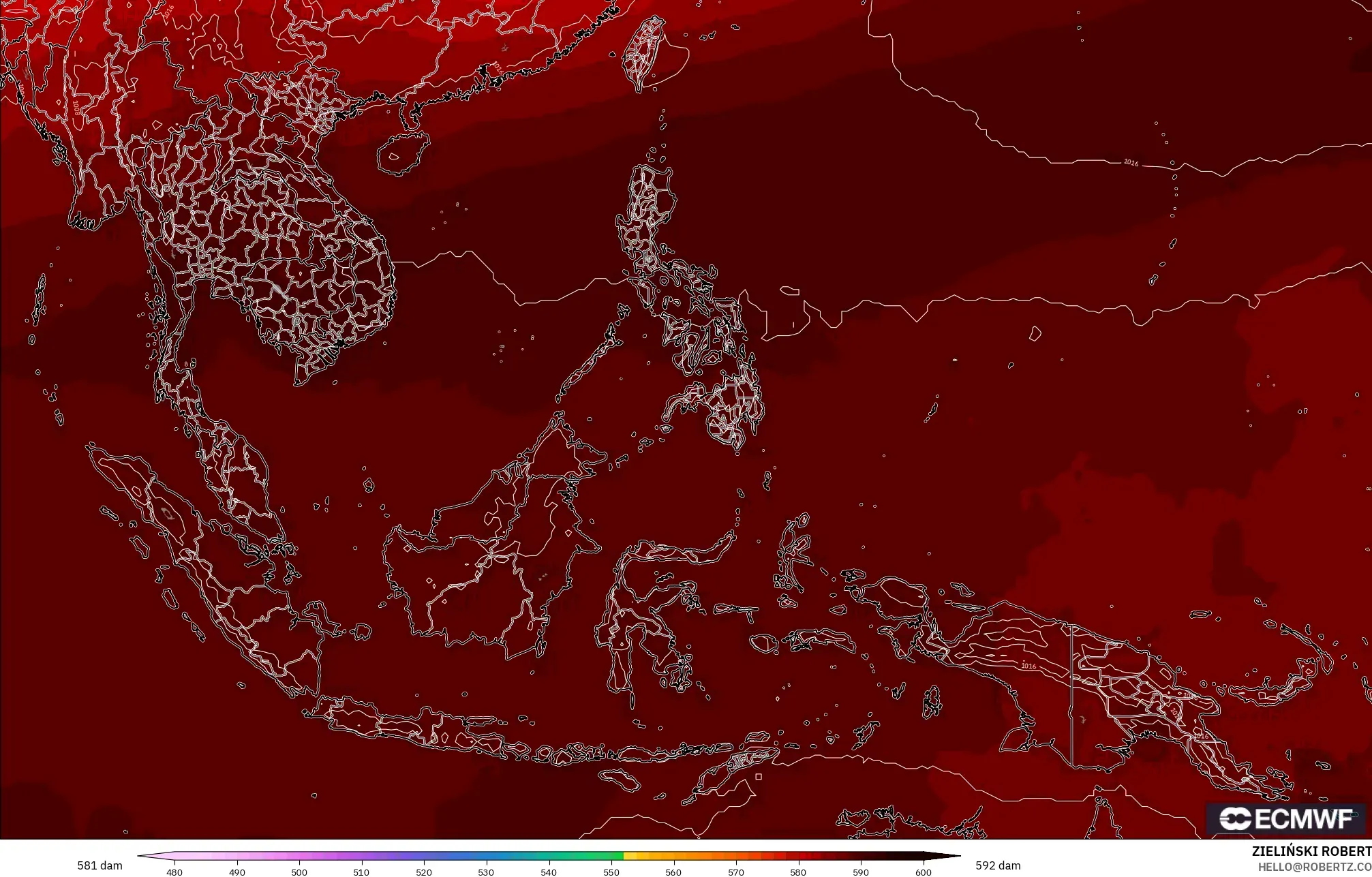 ECMWF IFS 0,25° modelo - Sudeste Asiático, Altura geopotencial a 500 hPa