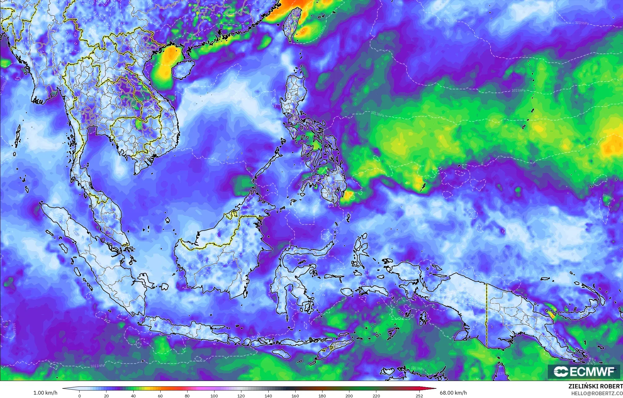 ECMWF IFS 0,25° modelo - Sudeste Asiático, Rajadas de vento