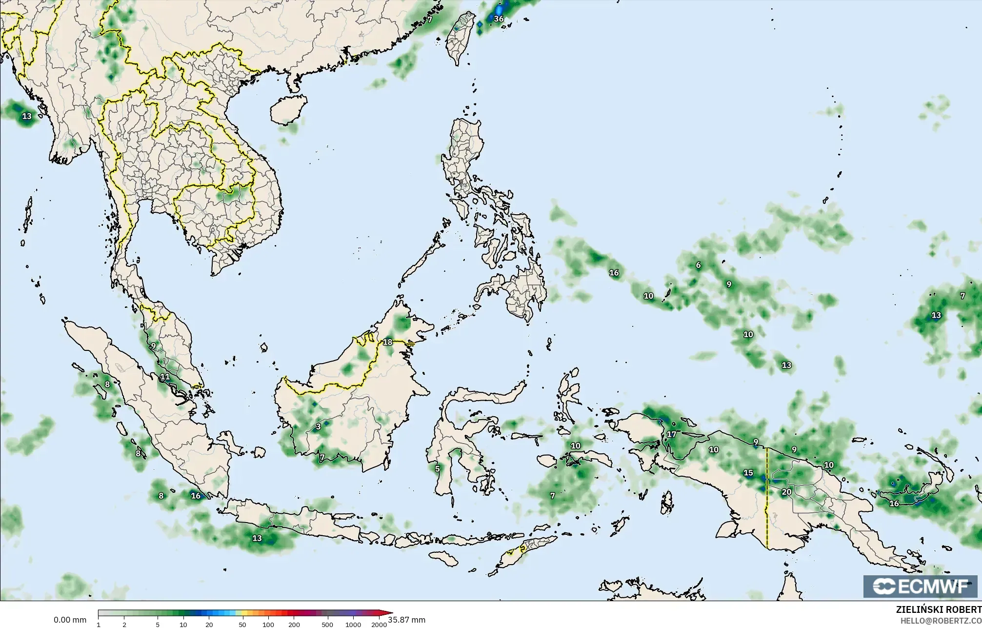 ECMWF IFS 0,25° modelo - Sudeste Asiático, Acúmulo de precipitação