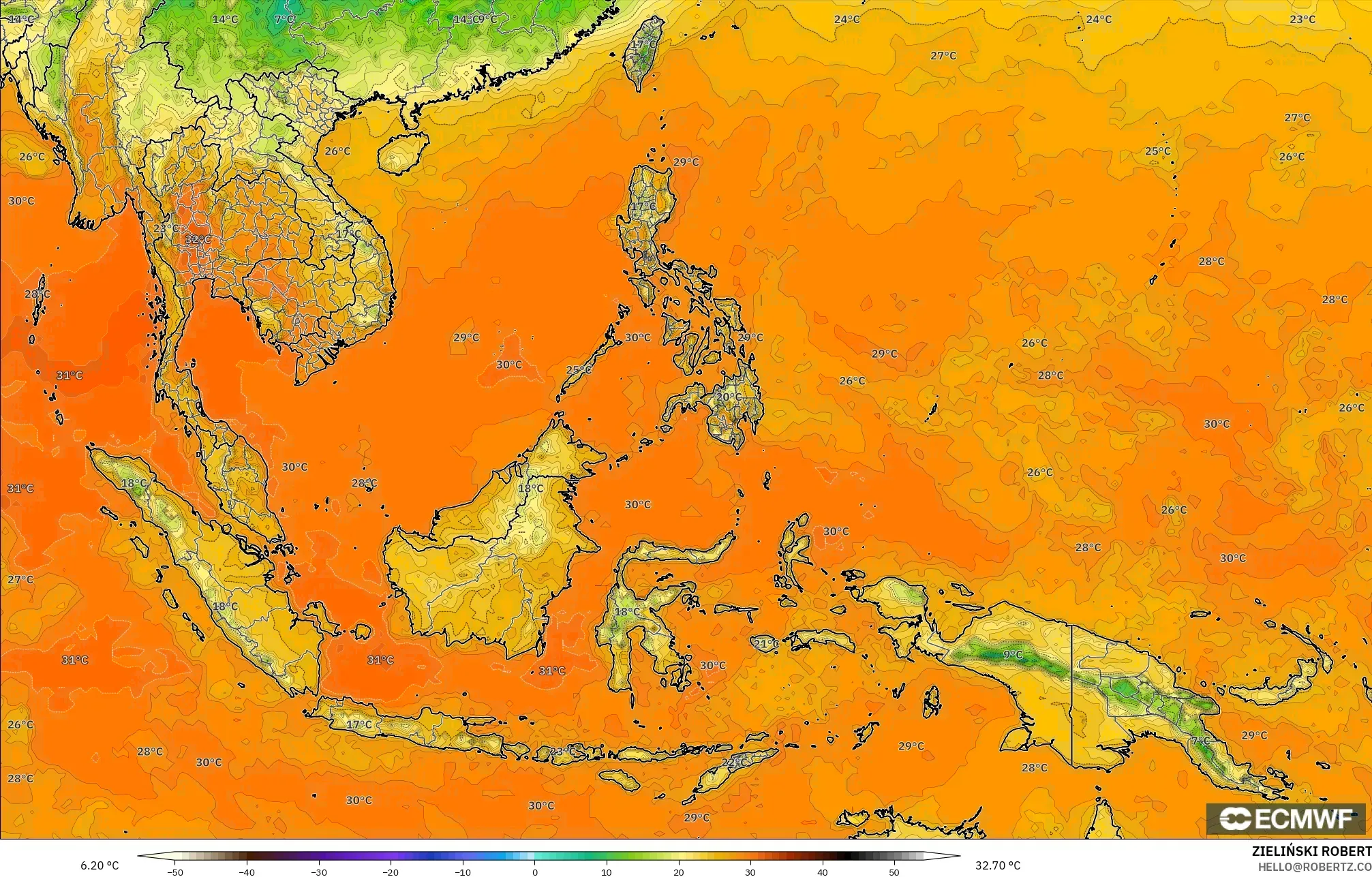 ECMWF IFS 0,25° modelo - Sudeste Asiático, Temperatura a 2 m