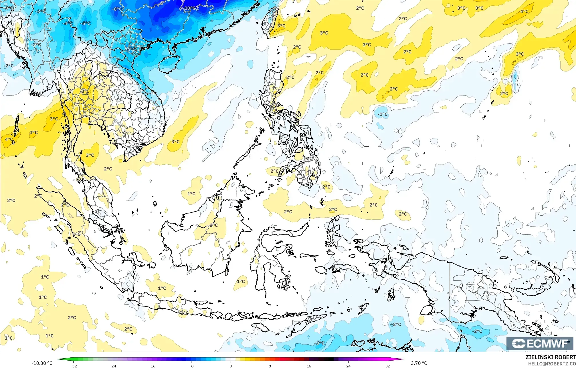 ECMWF IFS 0,25° modelo - Sudeste Asiático, Anomalia de temperatura a 850 hPa