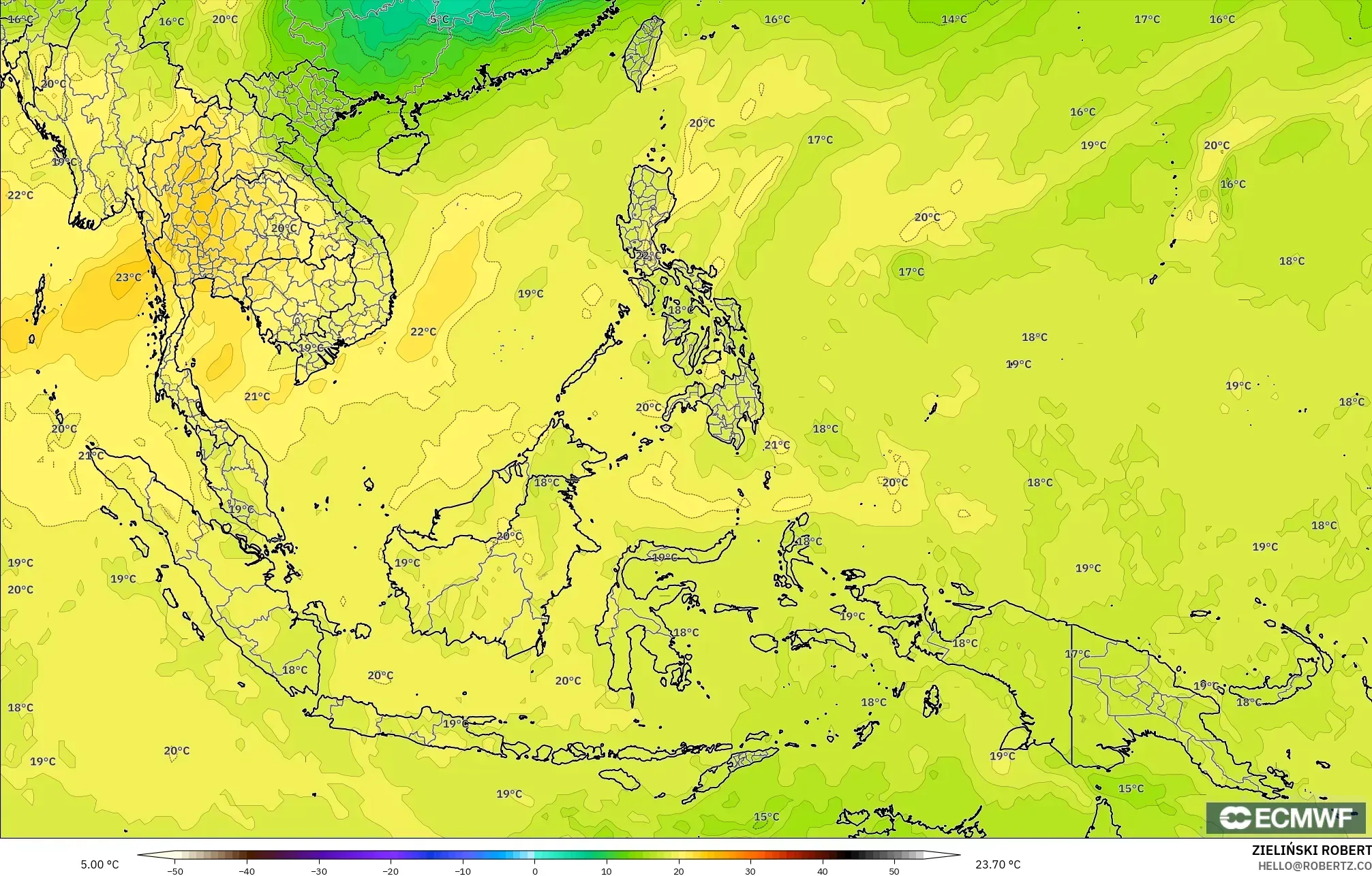 ECMWF IFS 0,25° modelo - Sudeste Asiático, Temperatura a 850 hPa