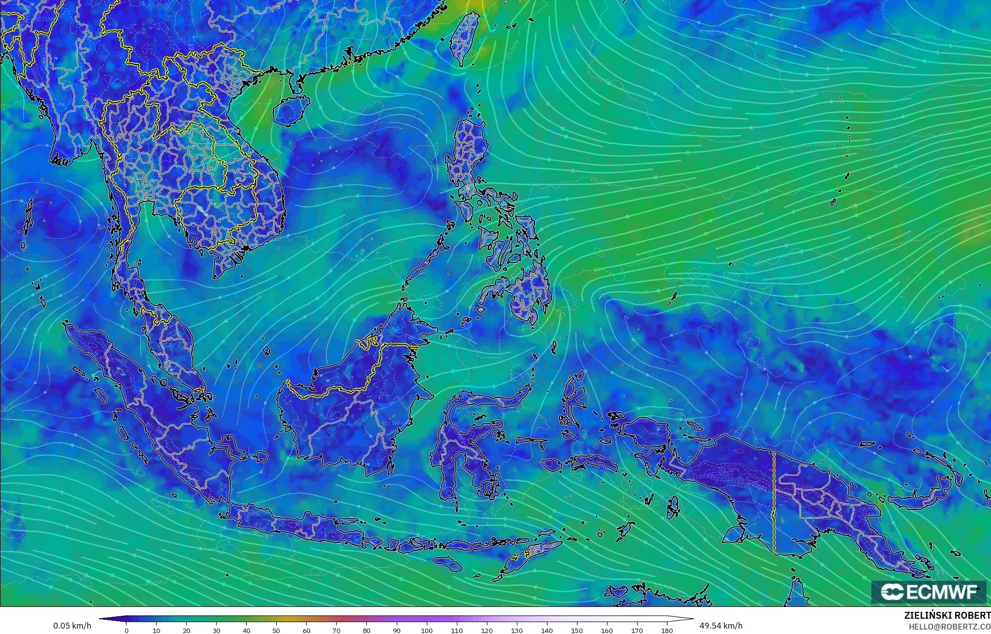 ECMWF IFS 0,25° modelo - Sudeste Asiático, Vento a 10 m