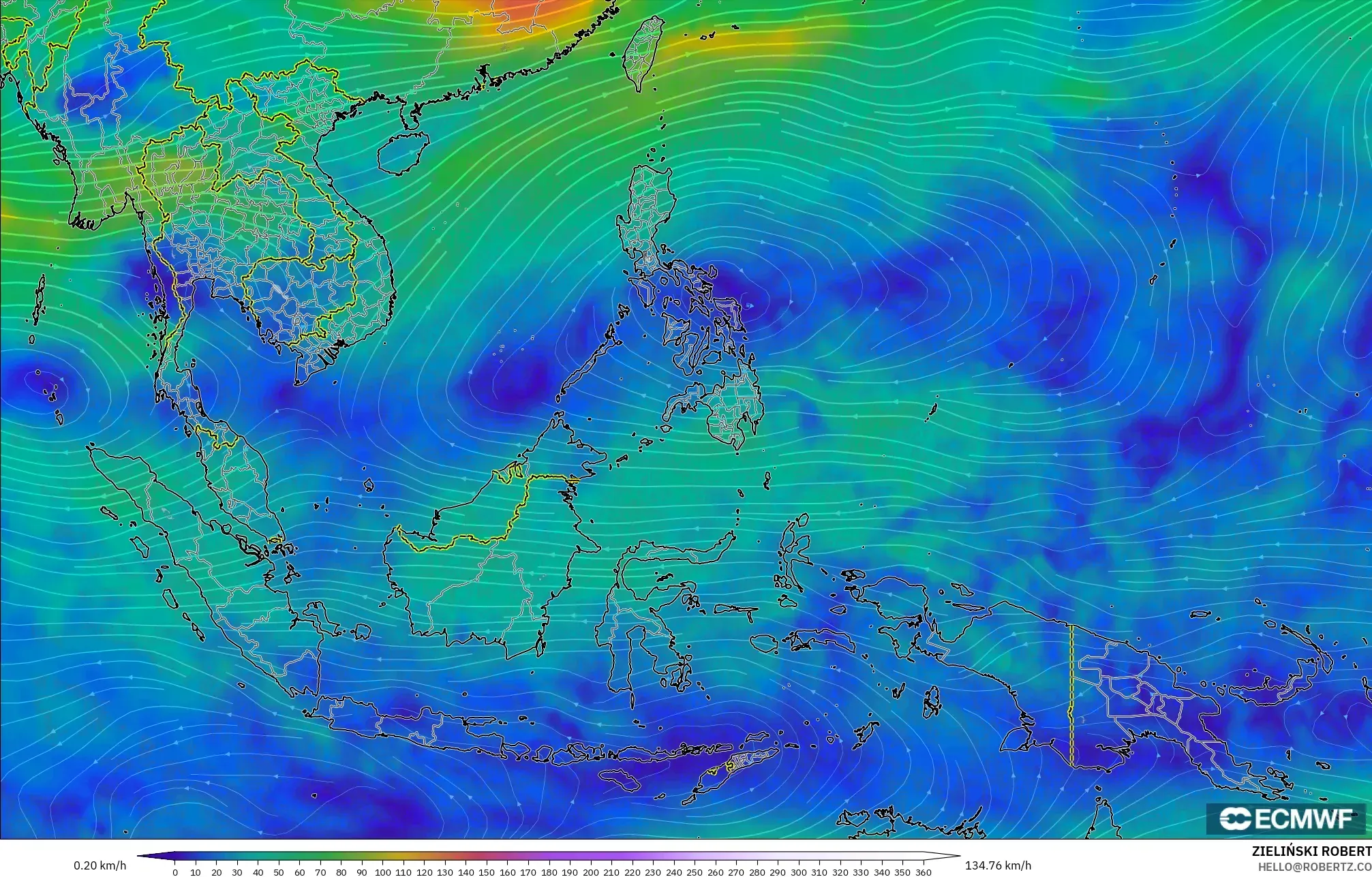 ECMWF IFS 0,25° modelo - Sudeste Asiático, Vento a 300 hPa (corrente em jato)