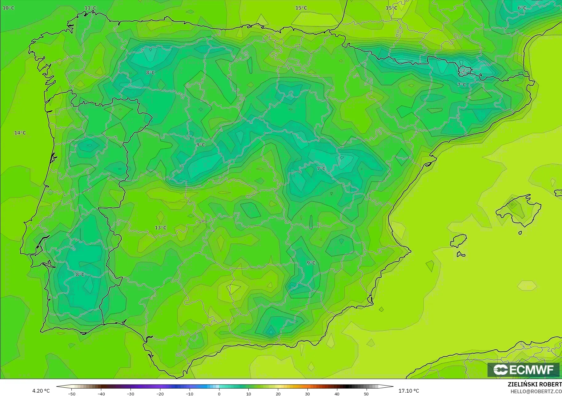 ECMWF IFS 0,25° modelo - Espanha, Ponto de orvalho a 2 m