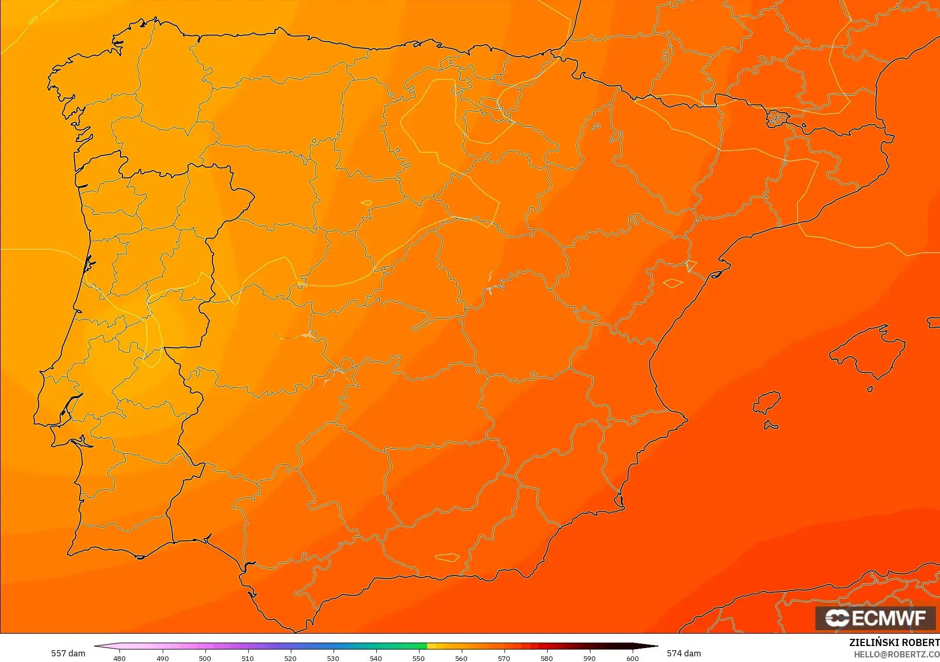 ECMWF IFS 0,25° modelo - Espanha, Altura geopotencial a 500 hPa