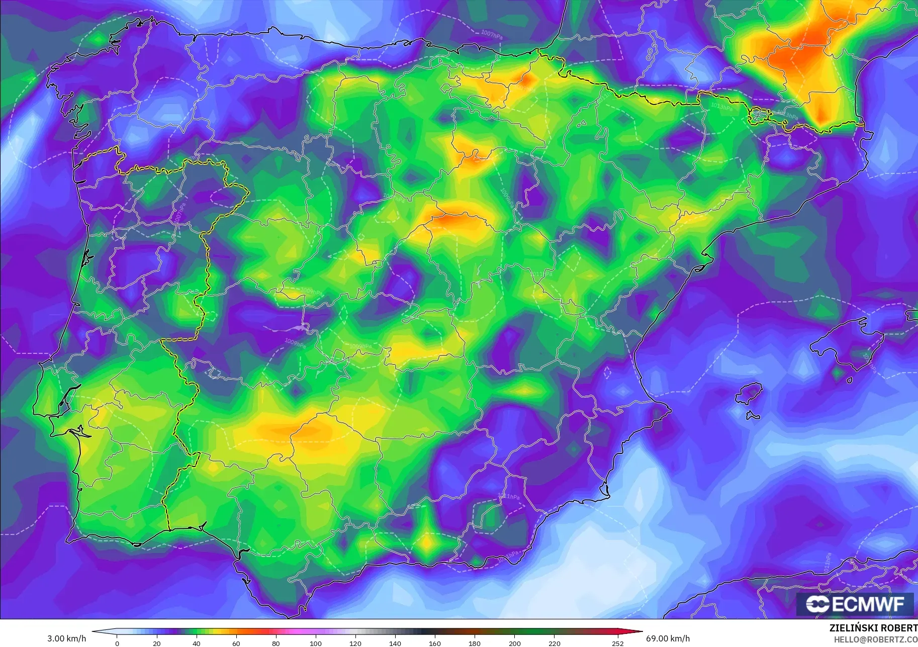 ECMWF IFS 0,25° modelo - Espanha, Rajadas de Vento Máximas