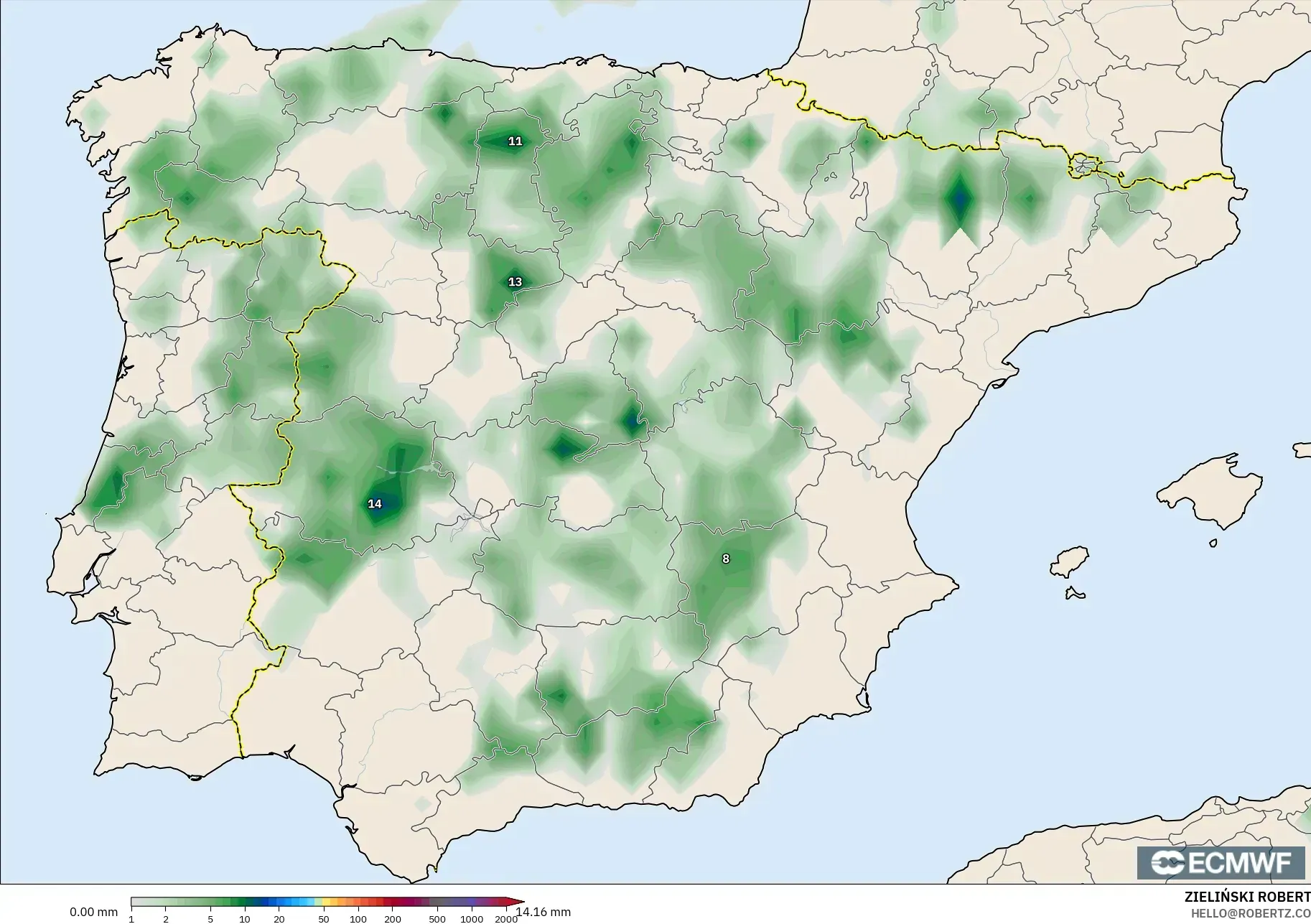 ECMWF IFS 0,25° modelo - Espanha, Acúmulo de precipitação