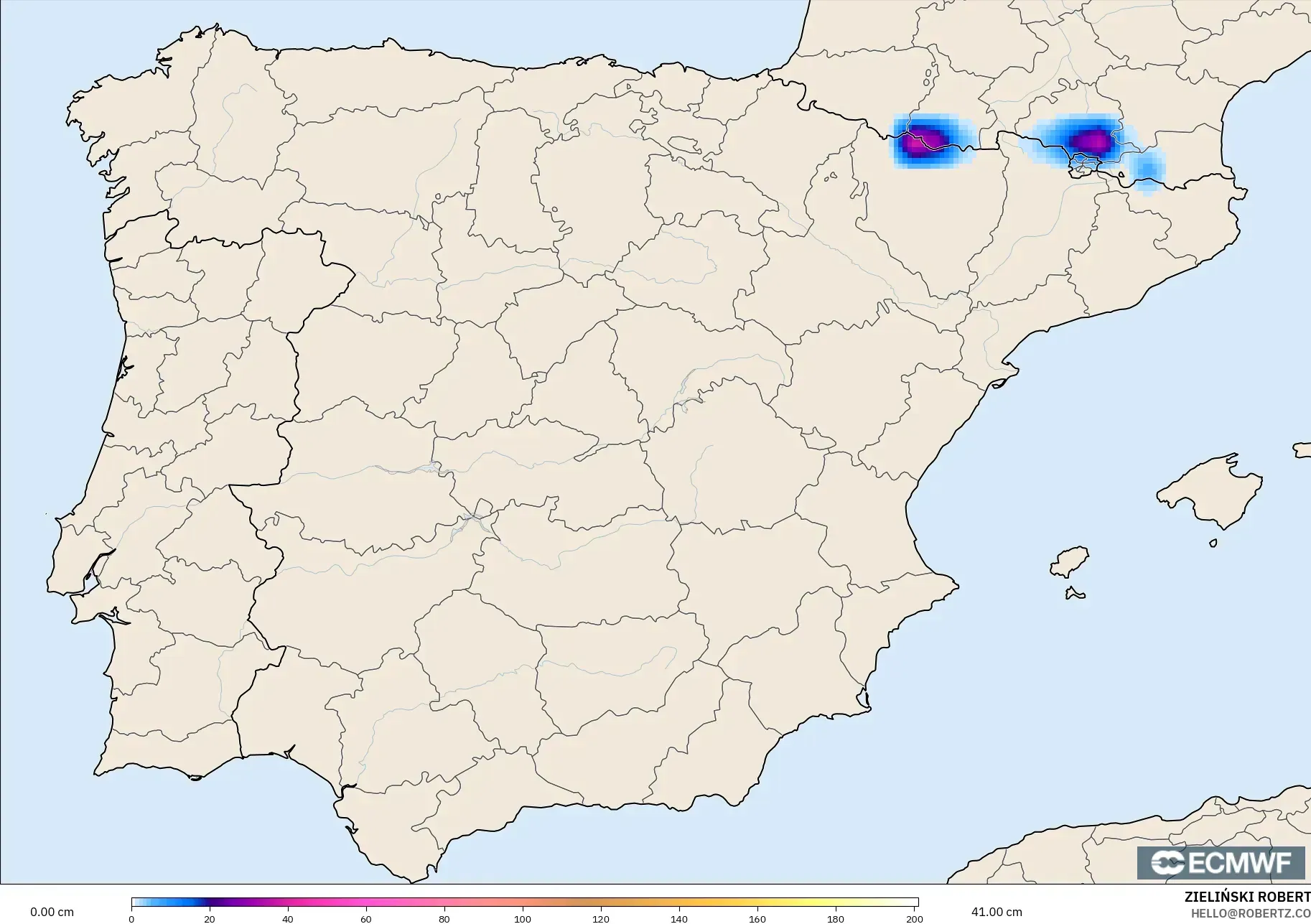 ECMWF IFS 0,25° modelo - Espanha, Profundidade da neve