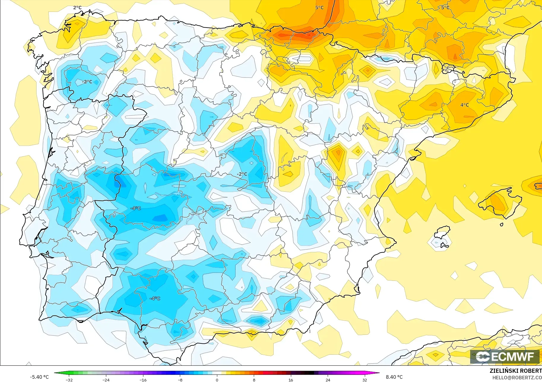 ECMWF IFS 0,25° modelo - Espanha, Anomalia de temperatura a 2 m