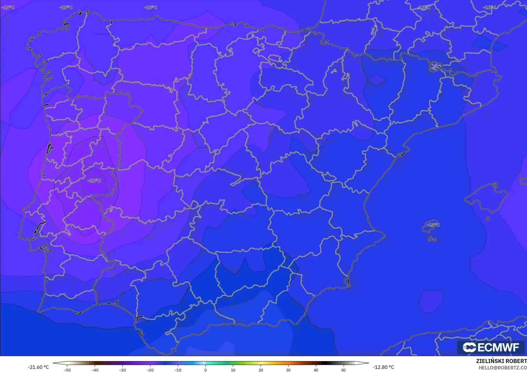 ECMWF IFS 0,25° modelo - Espanha, Temperatura a 500 hPa