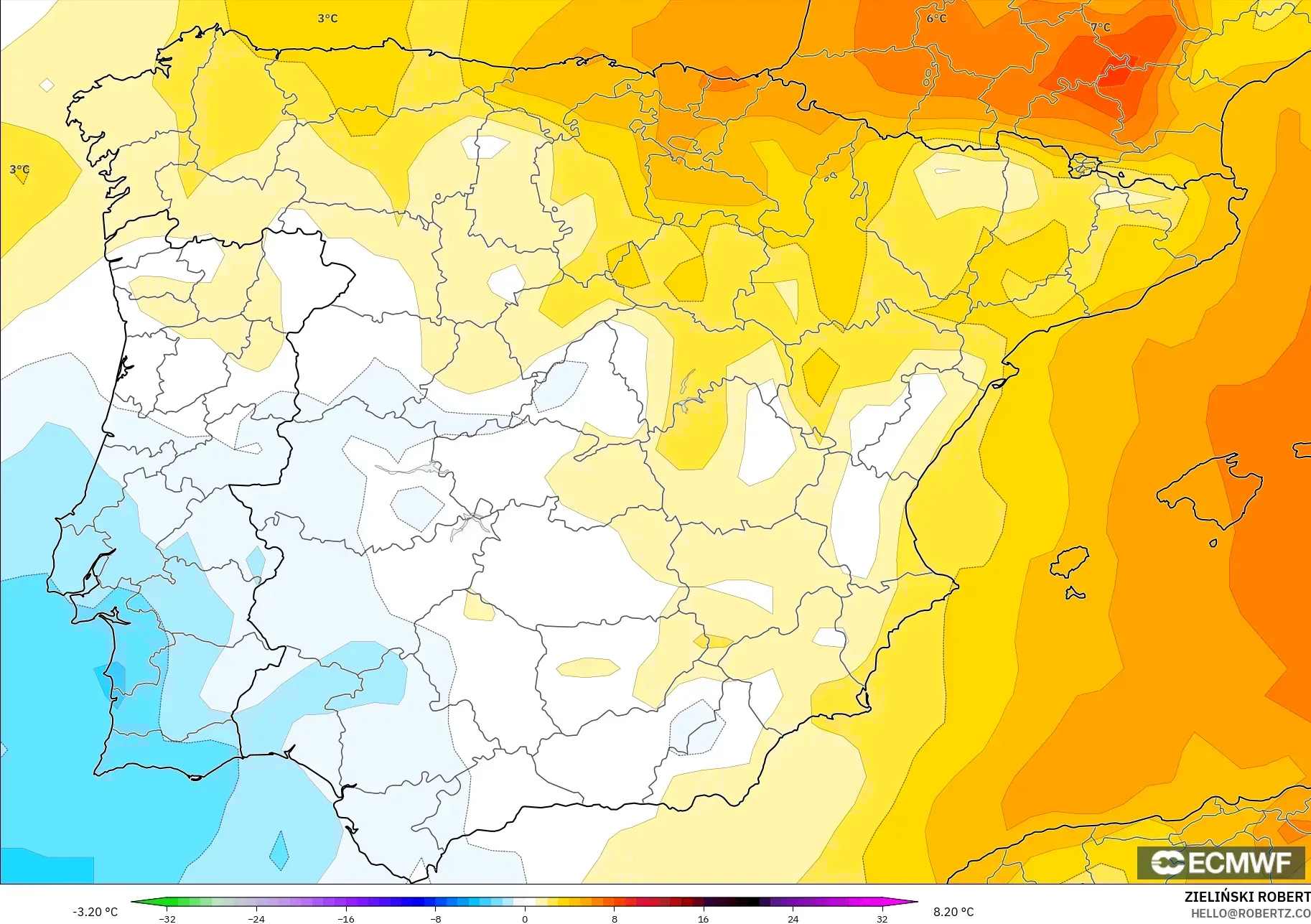 ECMWF IFS 0,25° modelo - Espanha, Anomalia de temperatura a 850 hPa