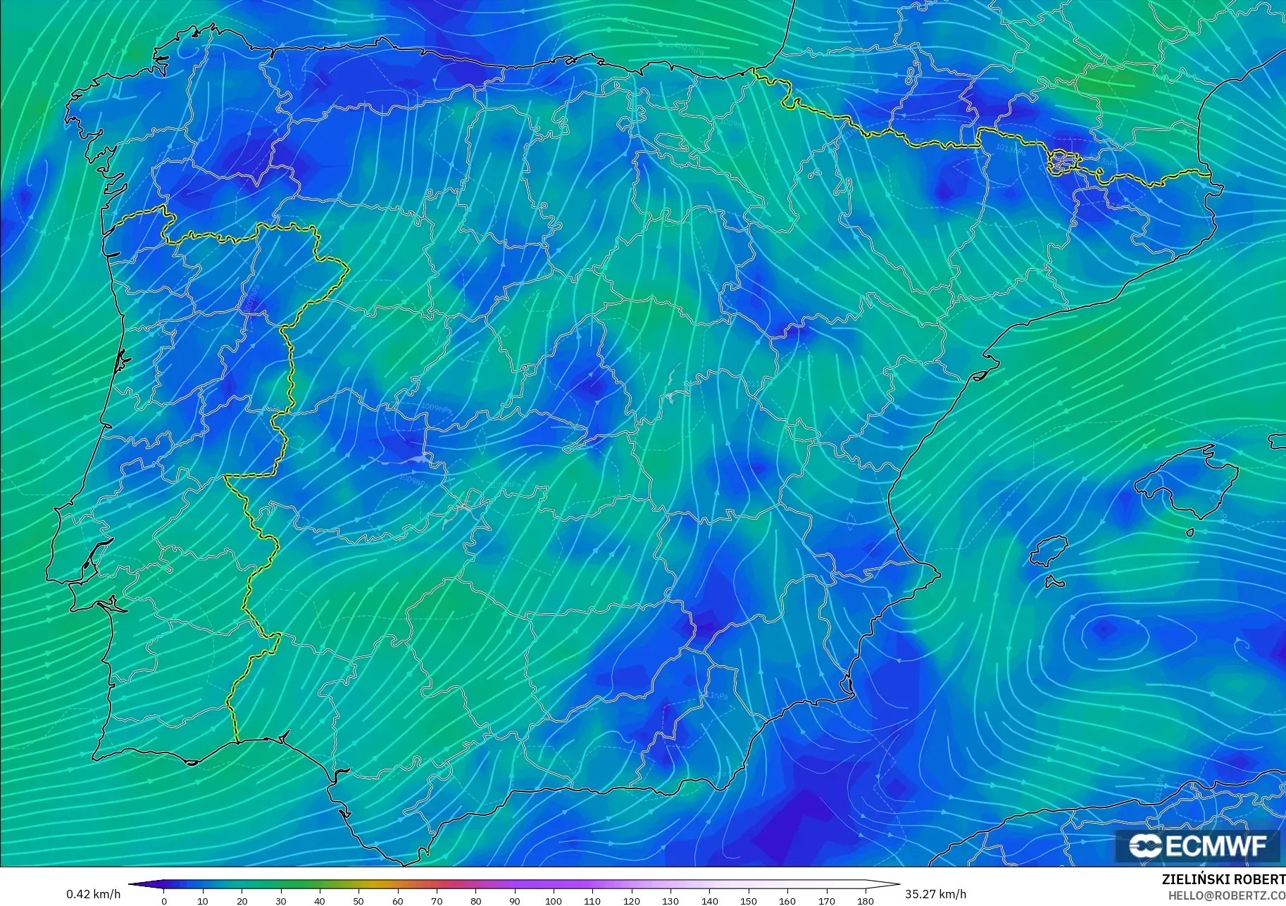 ECMWF IFS 0,25° modelo - Espanha, Vento a 10 m