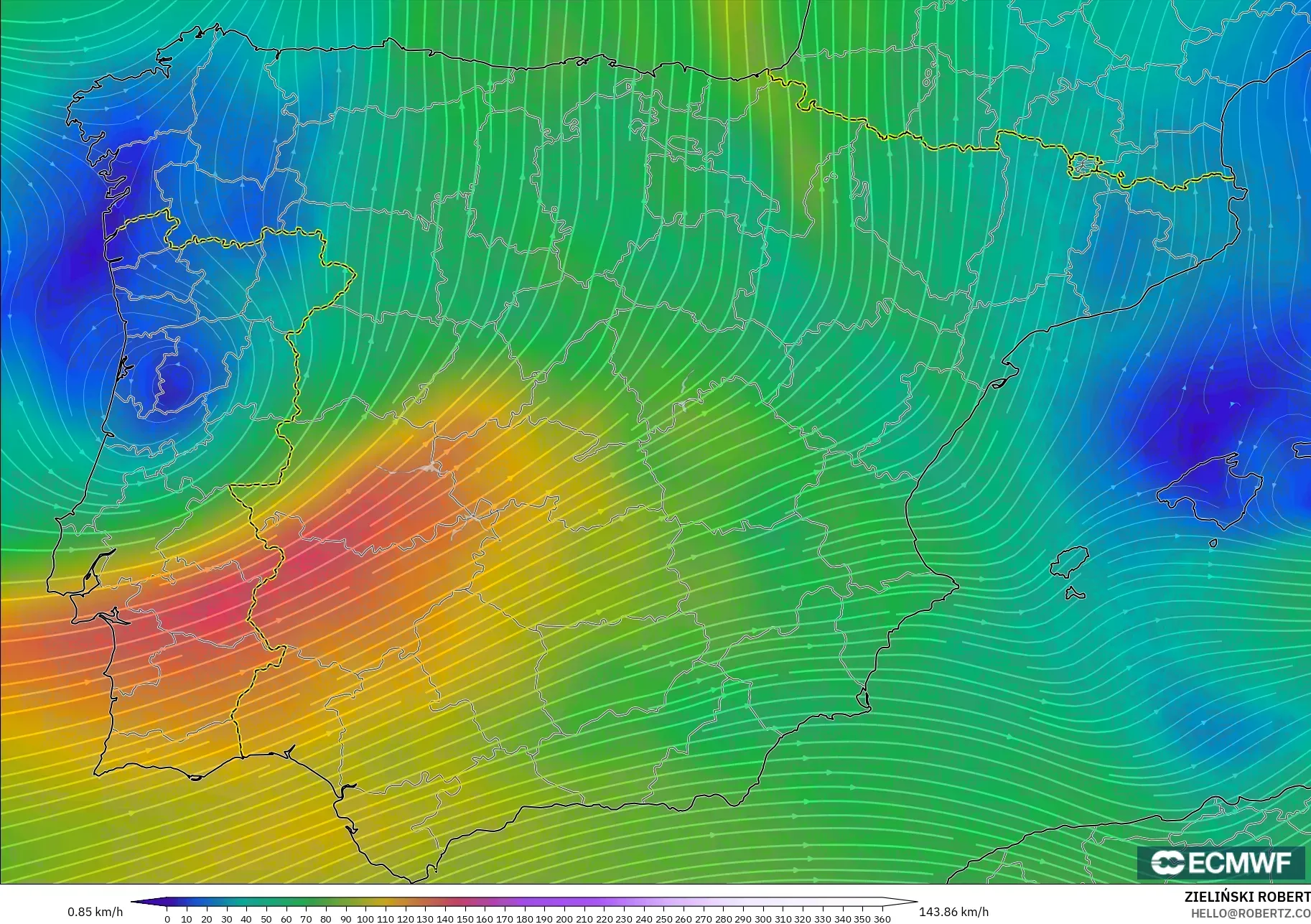 ECMWF IFS 0,25° modelo - Espanha, Vento a 300 hPa (corrente em jato)