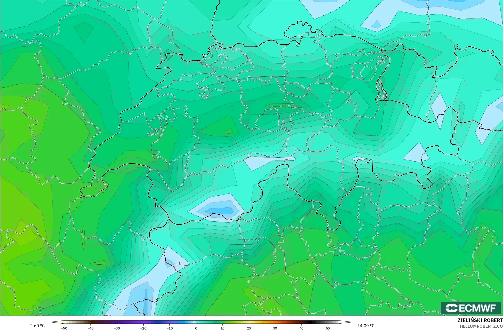 ECMWF IFS 0,25° modelo - Suíça, Ponto de orvalho a 2 m