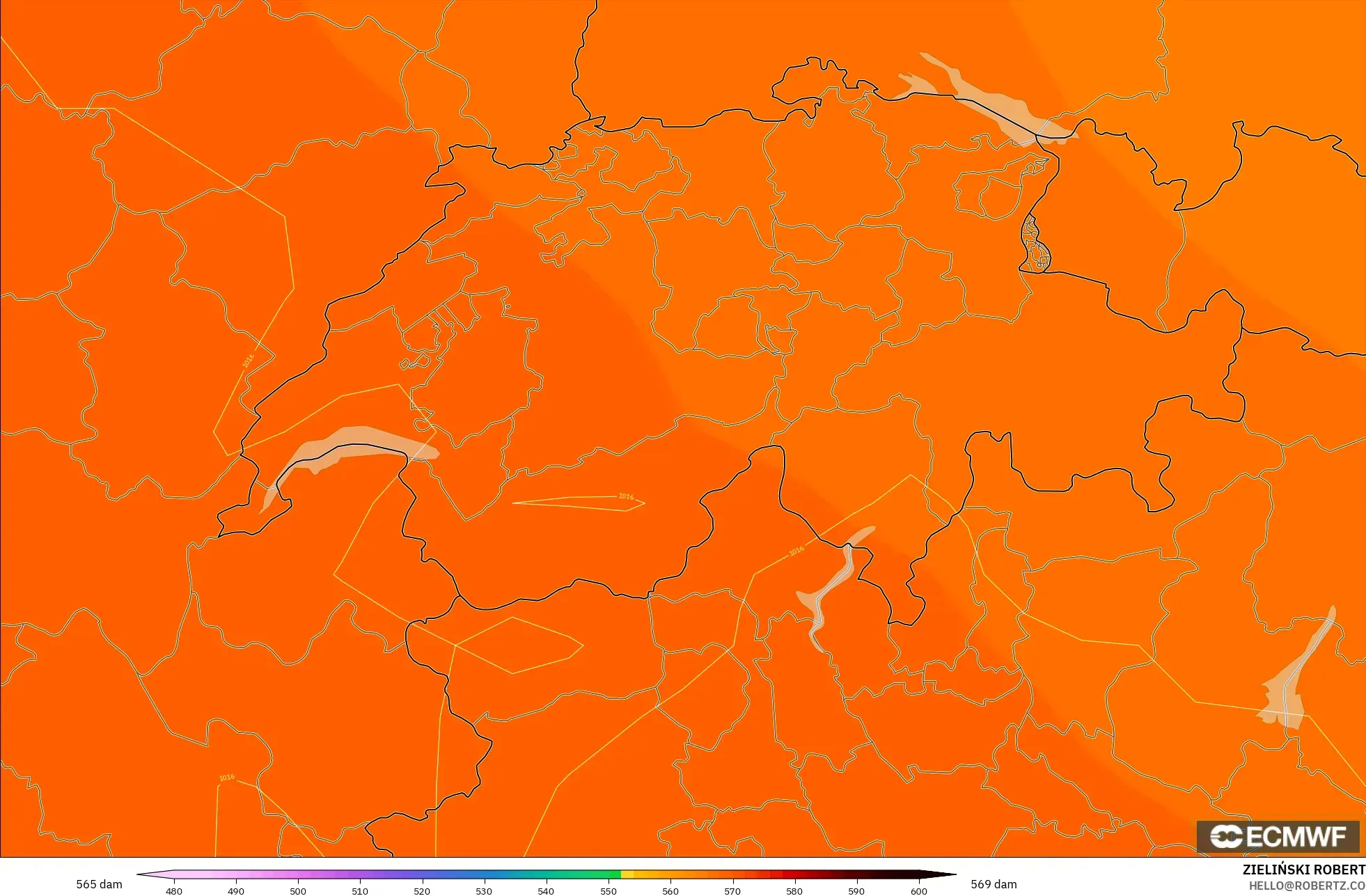 ECMWF IFS 0,25° modelo - Suíça, Altura geopotencial a 500 hPa