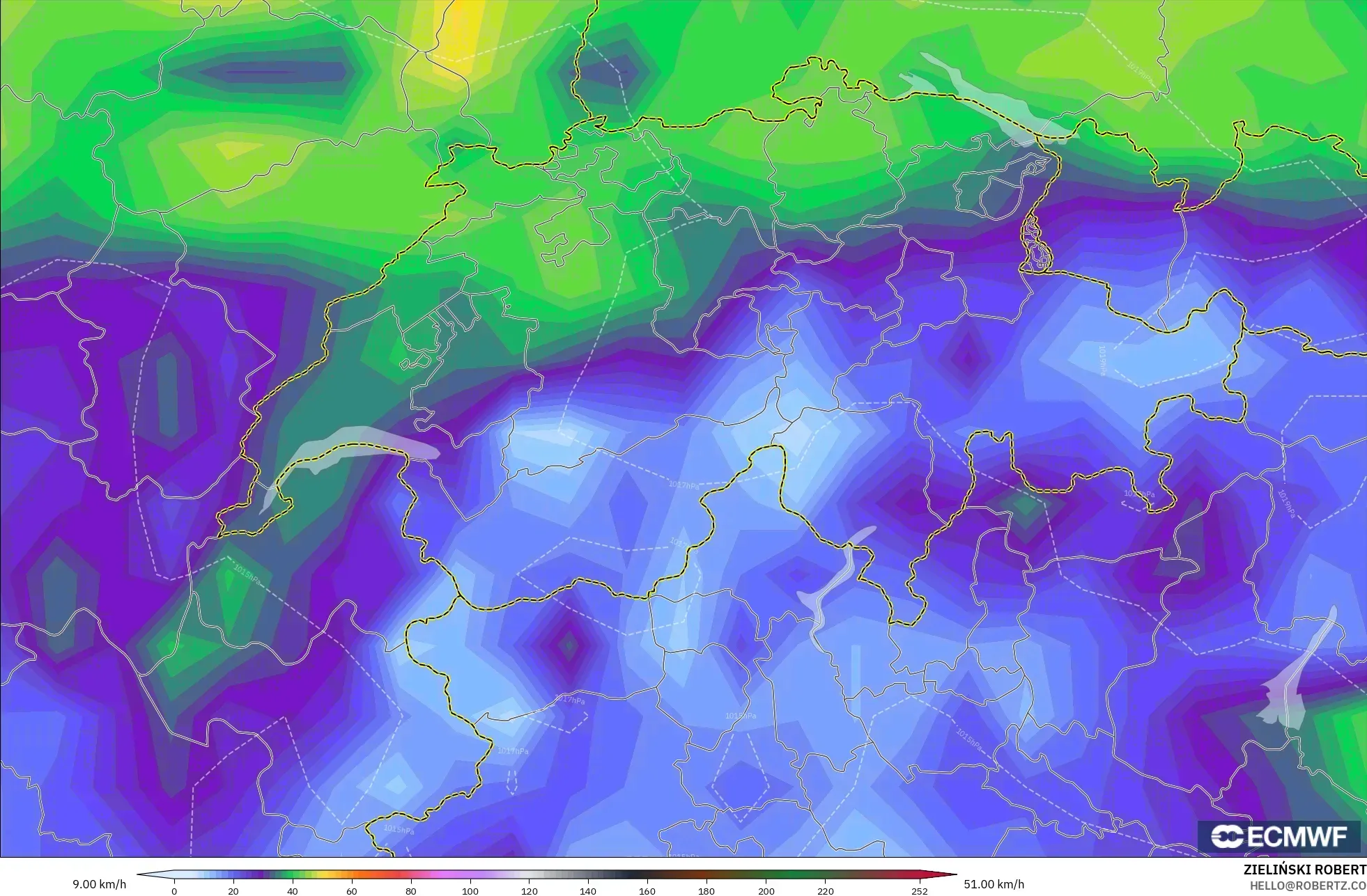 ECMWF IFS 0,25° modelo - Suíça, Rajadas de vento