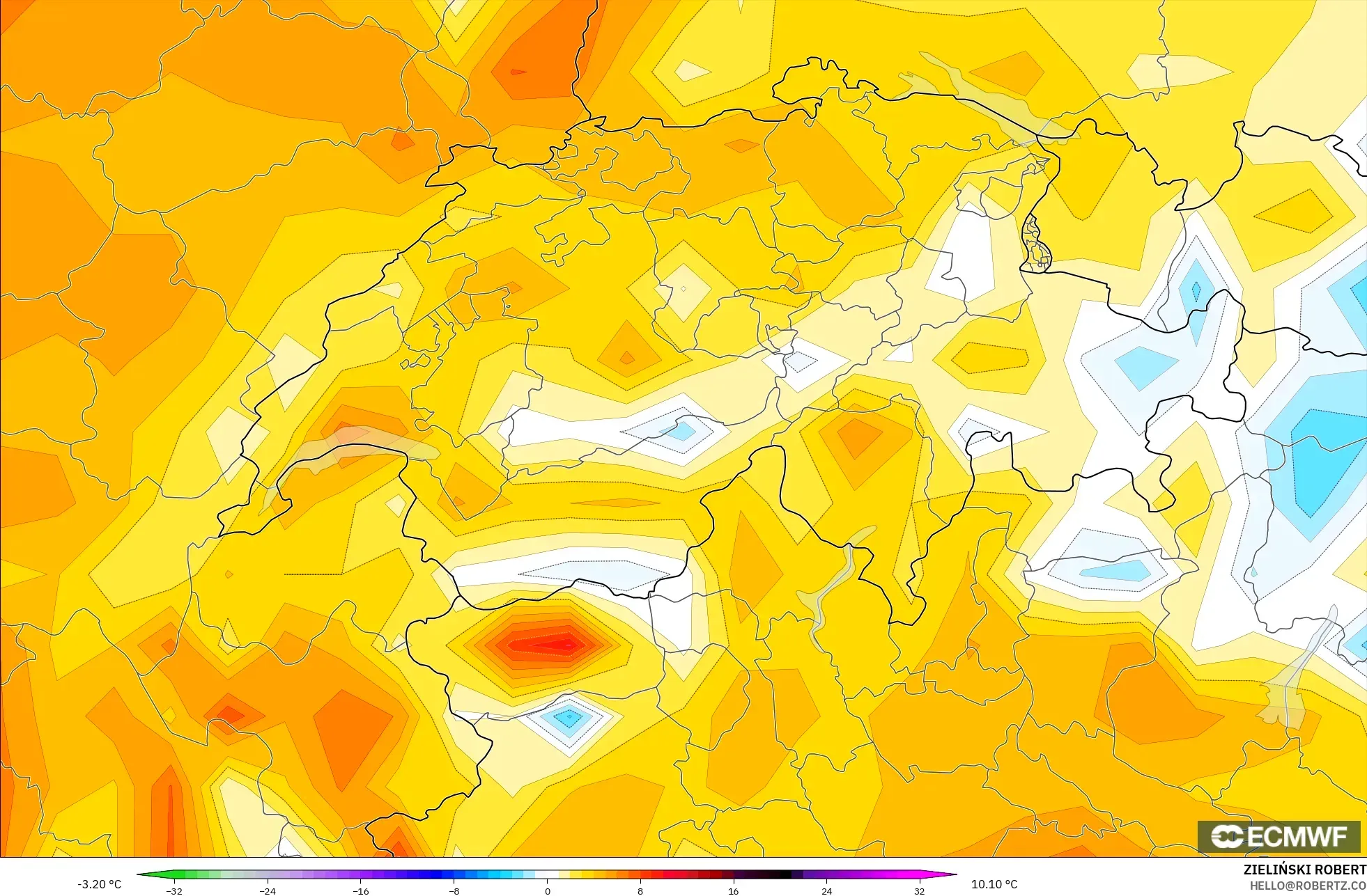 ECMWF IFS 0,25° modelo - Suíça, Anomalia de temperatura a 2 m