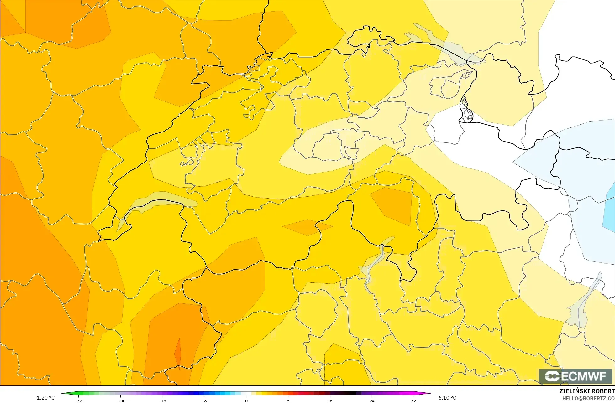 ECMWF IFS 0,25° modelo - Suíça, Anomalia de temperatura a 850 hPa