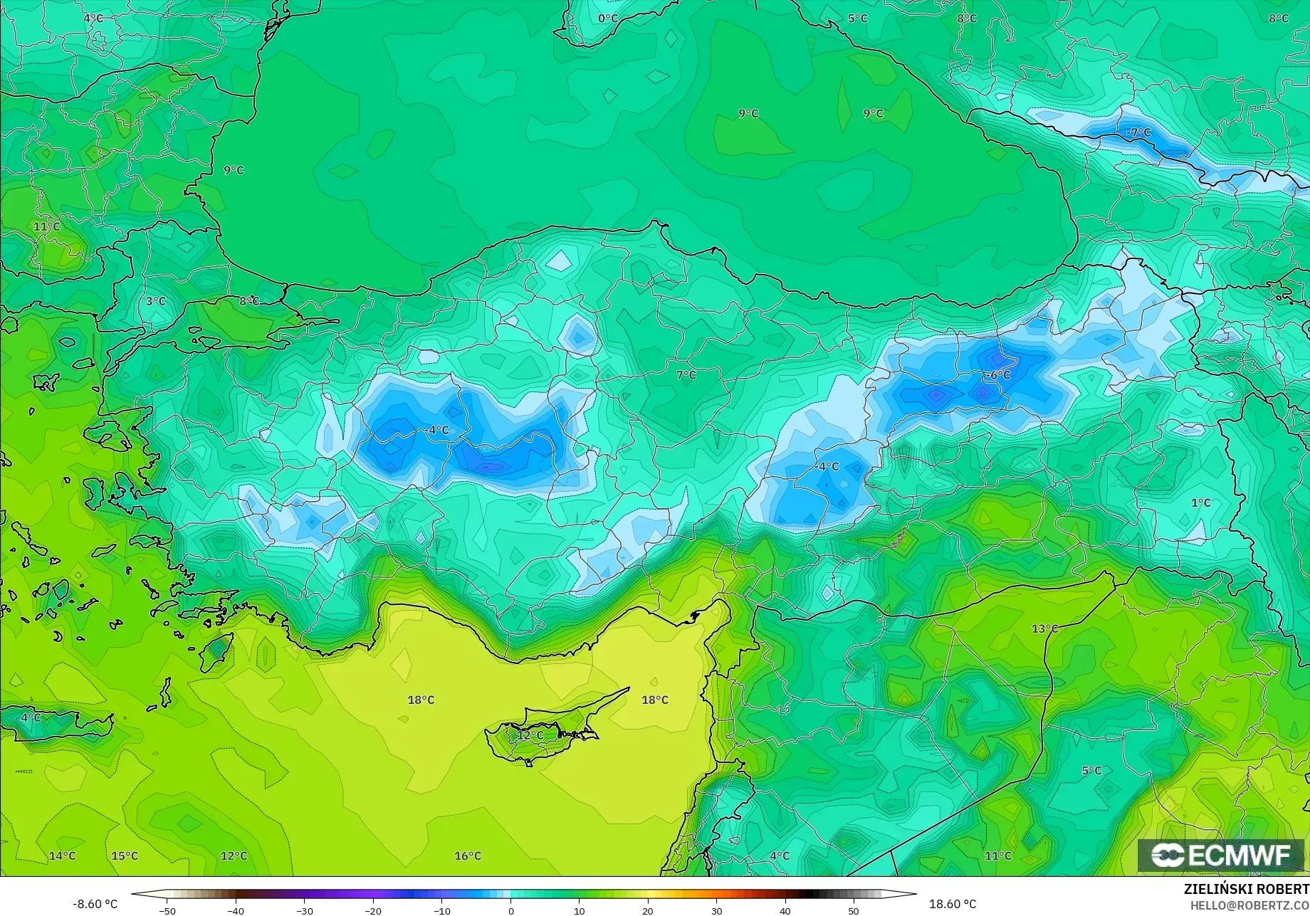 ECMWF IFS 0,25° modelo - Turquia, Ponto de orvalho a 2 m