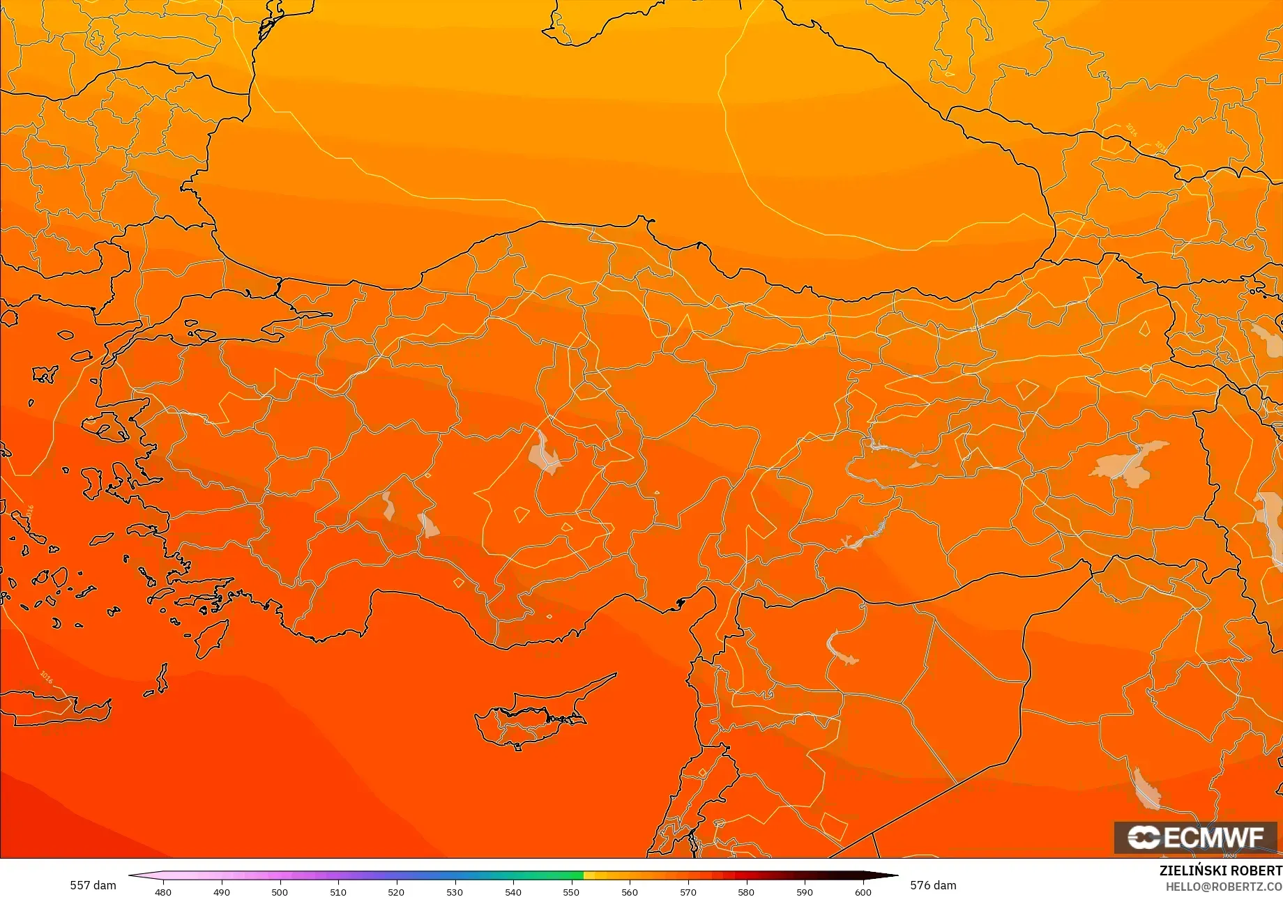ECMWF IFS 0,25° modelo - Turquia, Altura geopotencial a 500 hPa