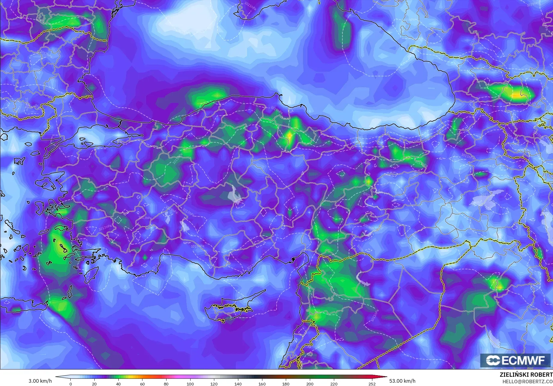 ECMWF IFS 0,25° modelo - Turquia, Rajadas de Vento Máximas