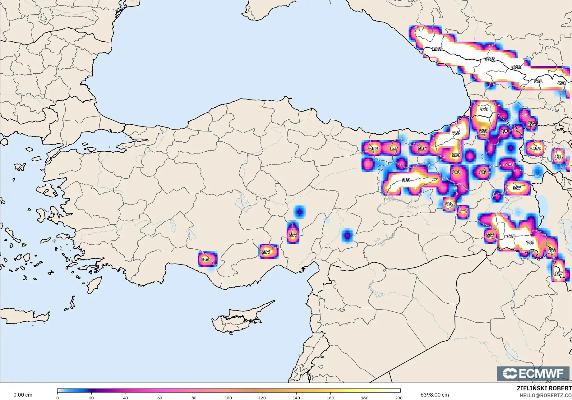 ECMWF IFS 0,25° modelo - Turquia, Profundidade da neve