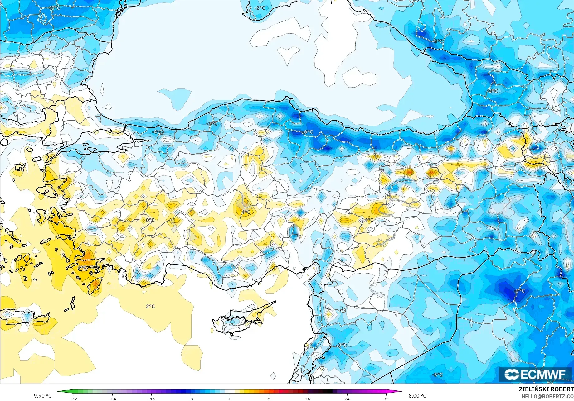 ECMWF IFS 0,25° modelo - Turquia, Anomalia de temperatura a 2 m