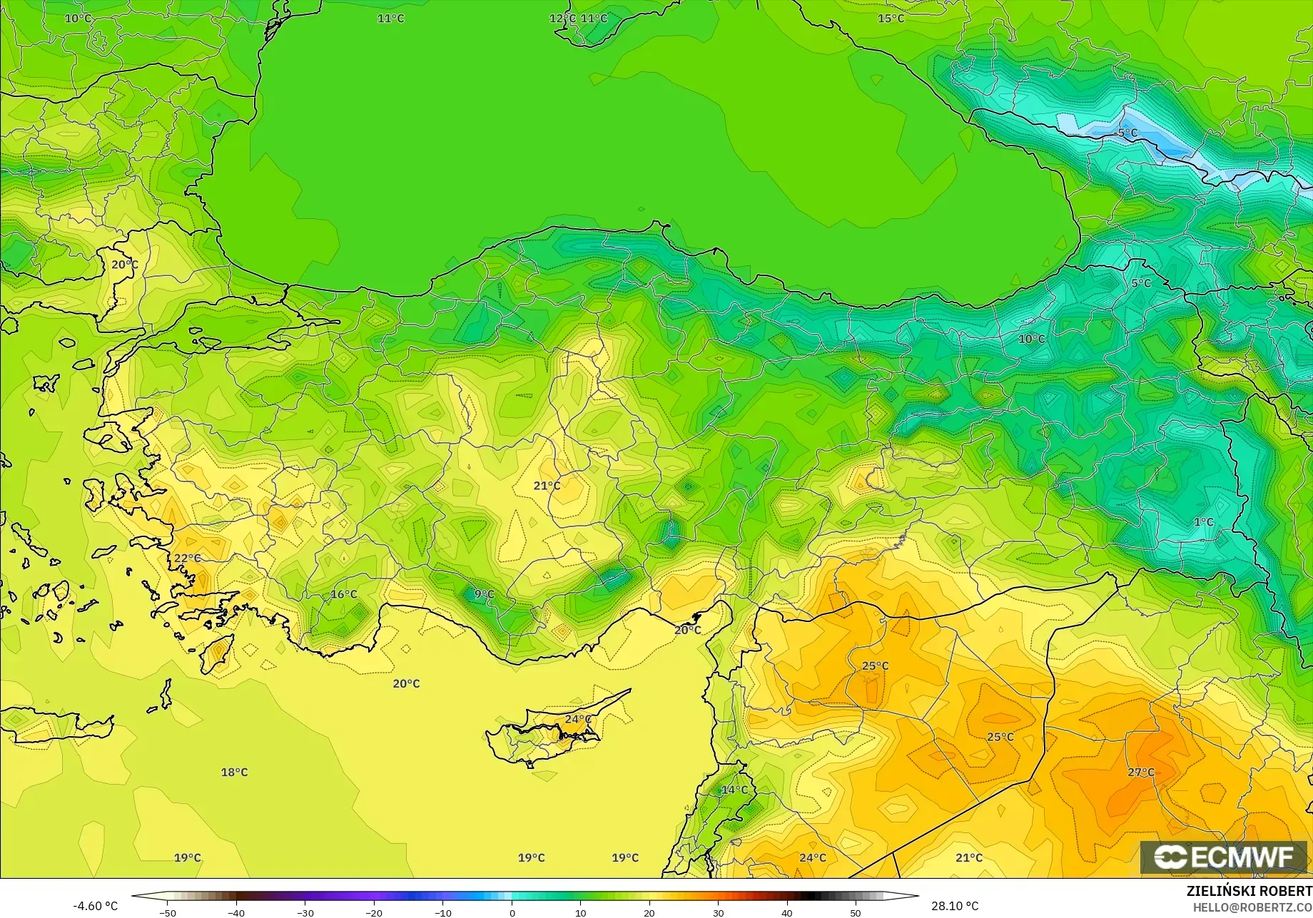ECMWF IFS 0,25° modelo - Turquia, Temperatura a 2 m
